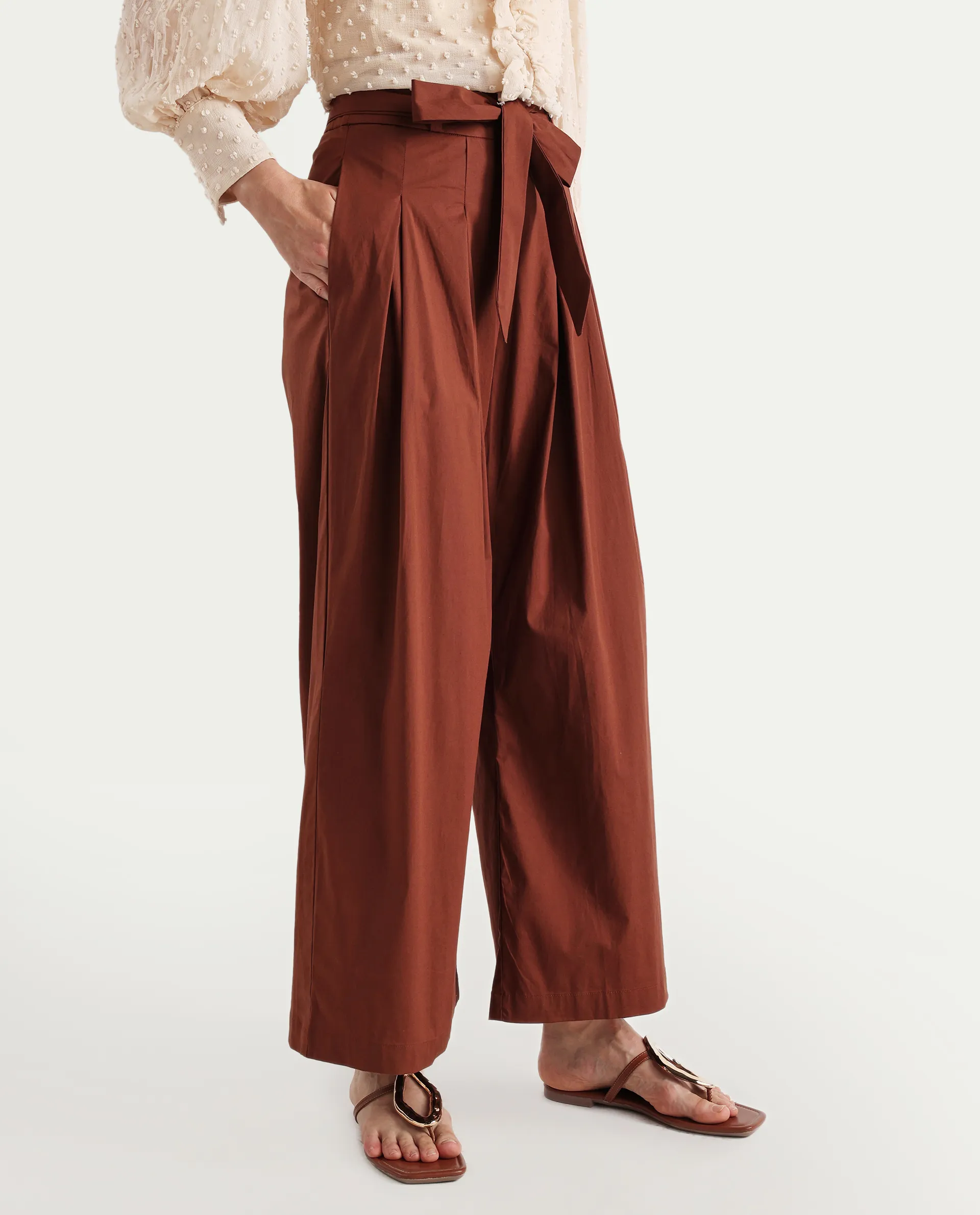 Rareism Women's Sebern Brown Cotton Blend Plain Ankle Length Flared Trouser - Image 3
