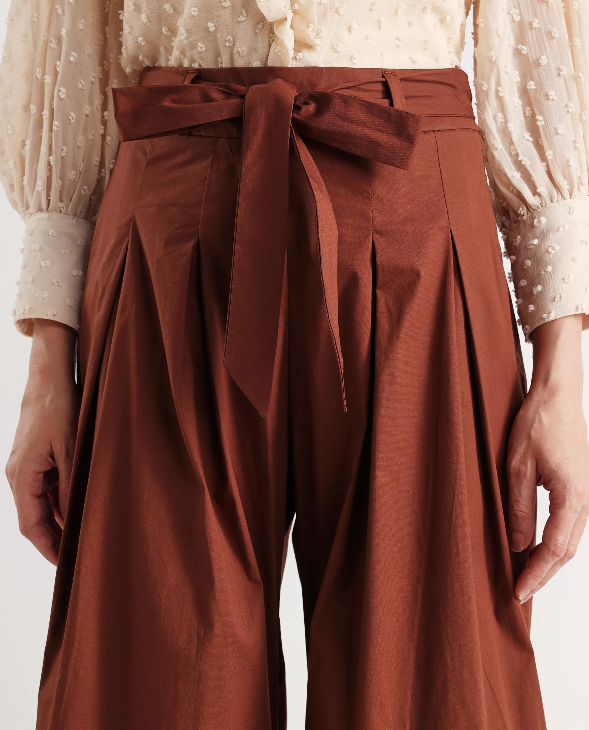 Rareism Women's Sebern Brown Cotton Blend Plain Ankle Length Flared Trouser - Image 4