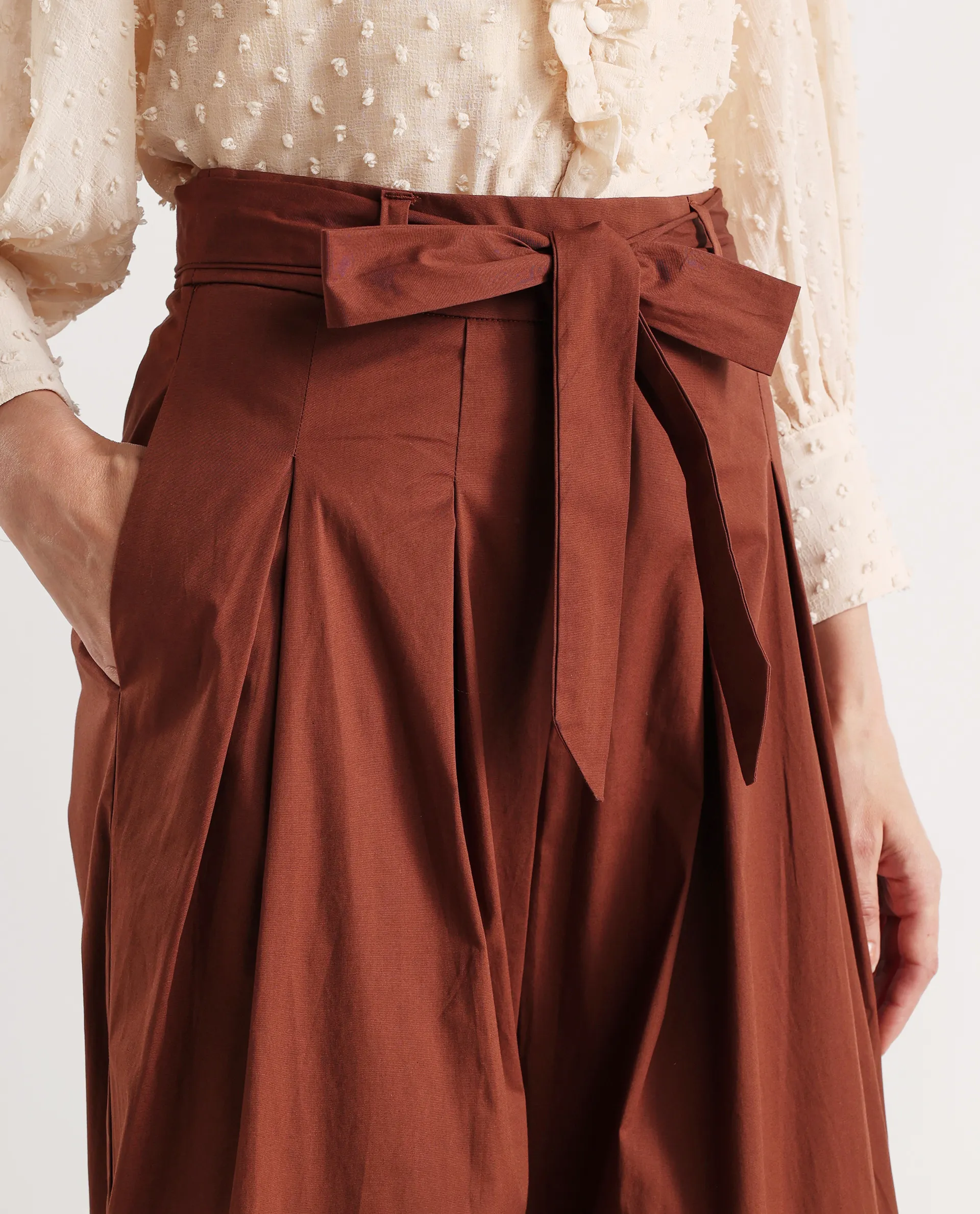 Rareism Women's Sebern Brown Cotton Blend Plain Ankle Length Flared Trouser - Image 5