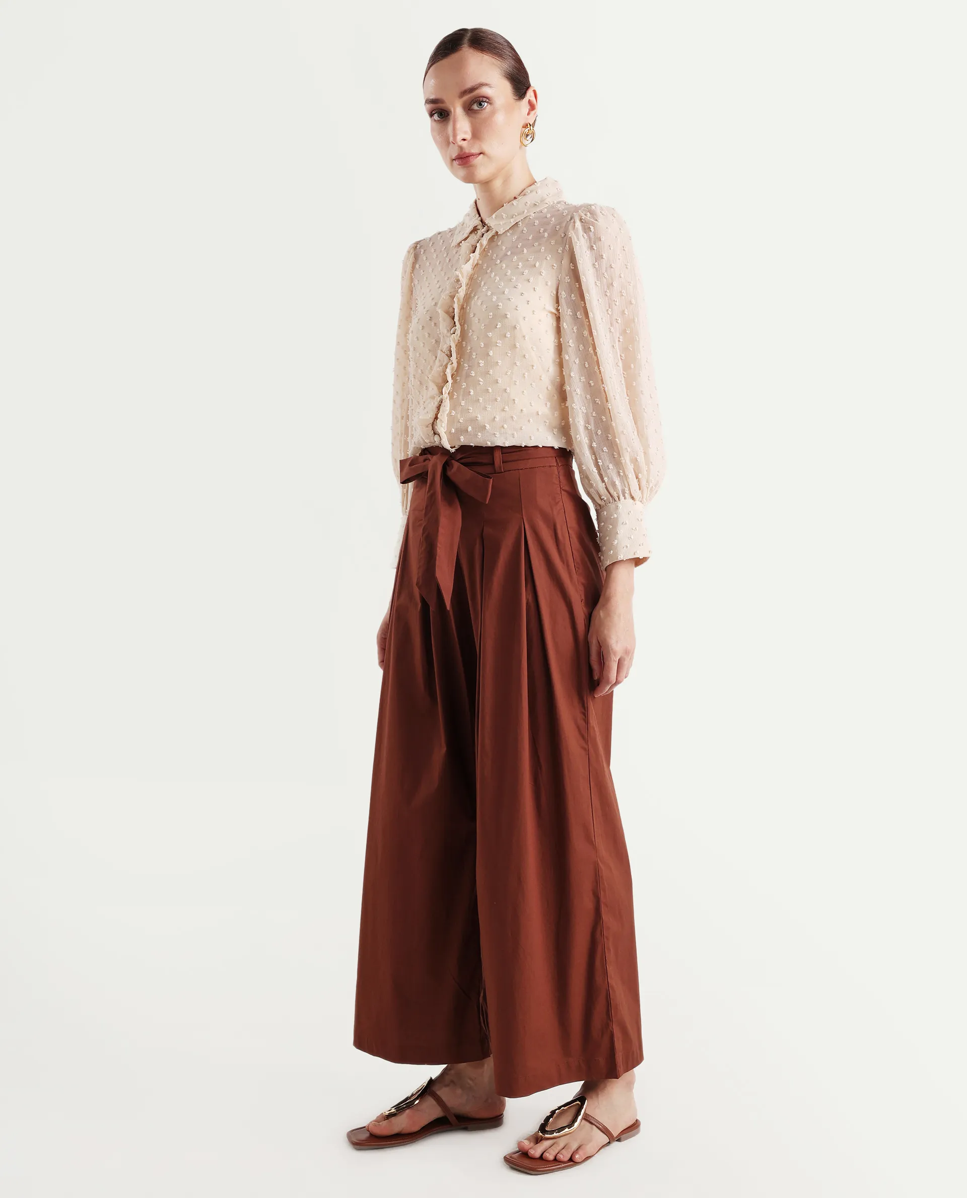 Rareism Women's Sebern Brown Cotton Blend Plain Ankle Length Flared Trouser - Image 6