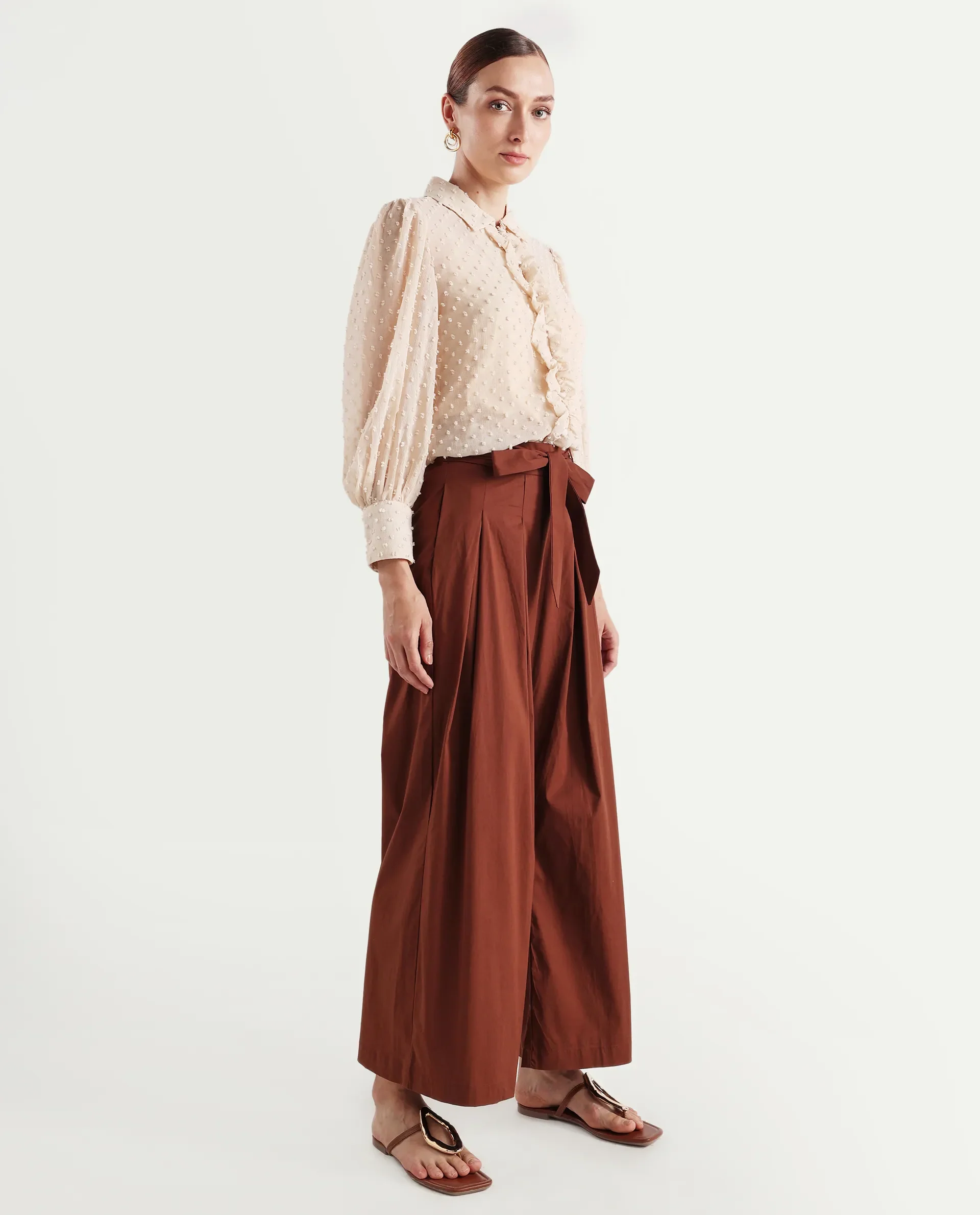 Rareism Women's Sebern Brown Cotton Blend Plain Ankle Length Flared Trouser - Image 7