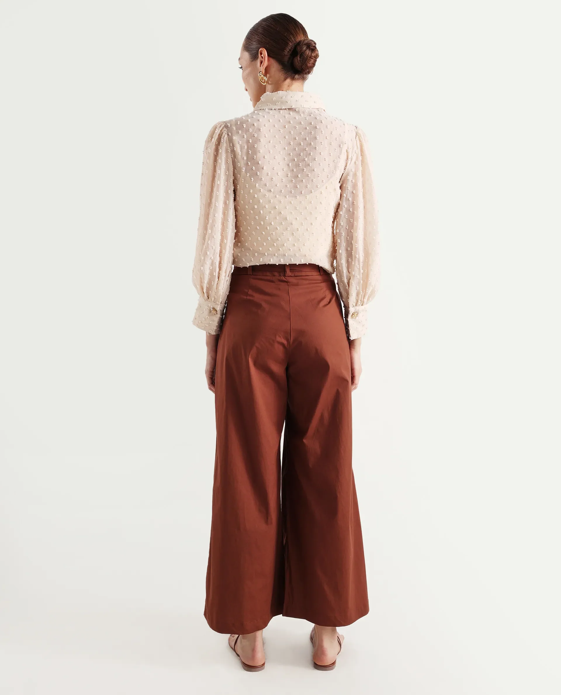 Rareism Women's Sebern Brown Cotton Blend Plain Ankle Length Flared Trouser - Image 8