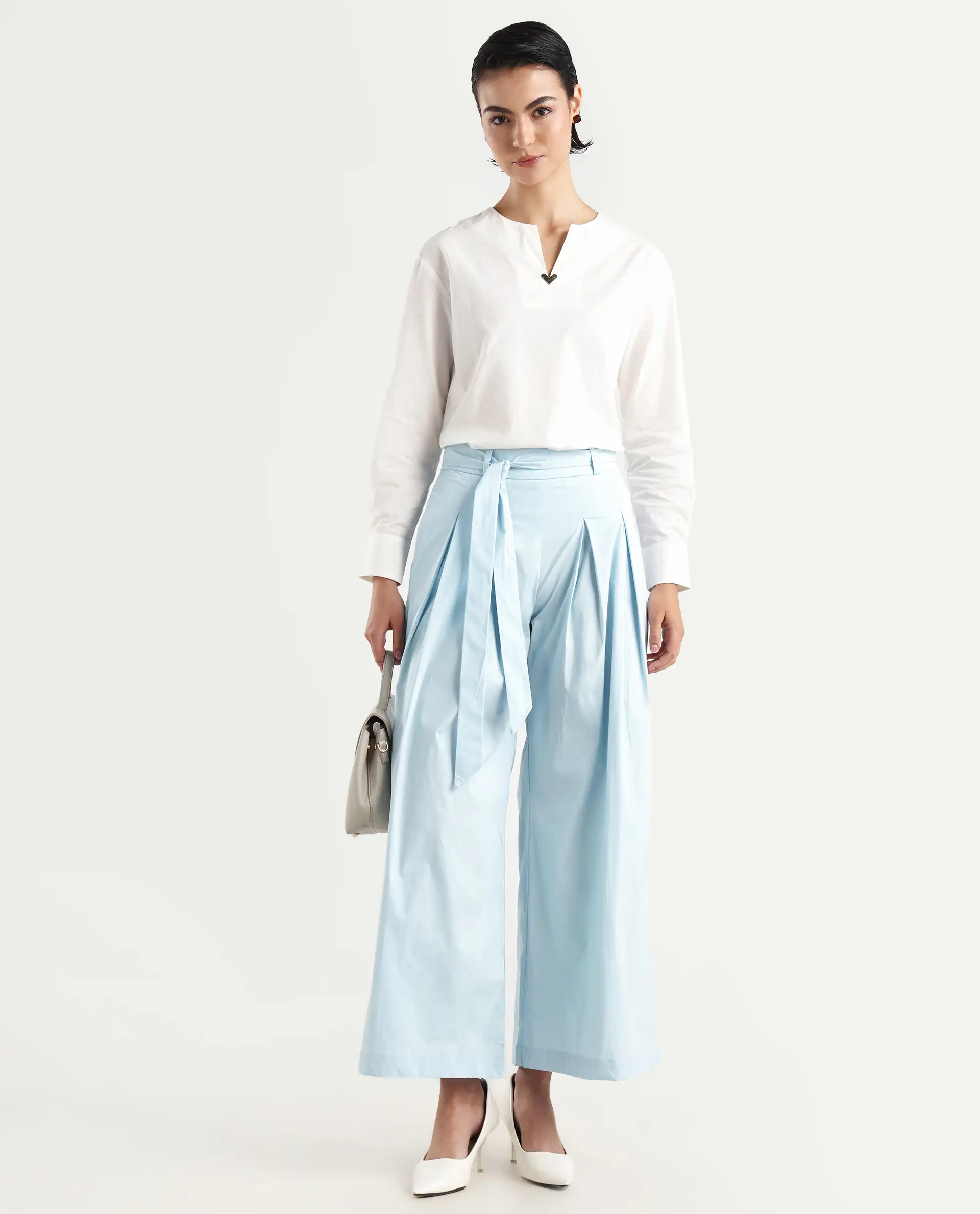 Rareism Women's Sebern Light Blue Cotton Blend Plain Ankle Length Flared Trouser