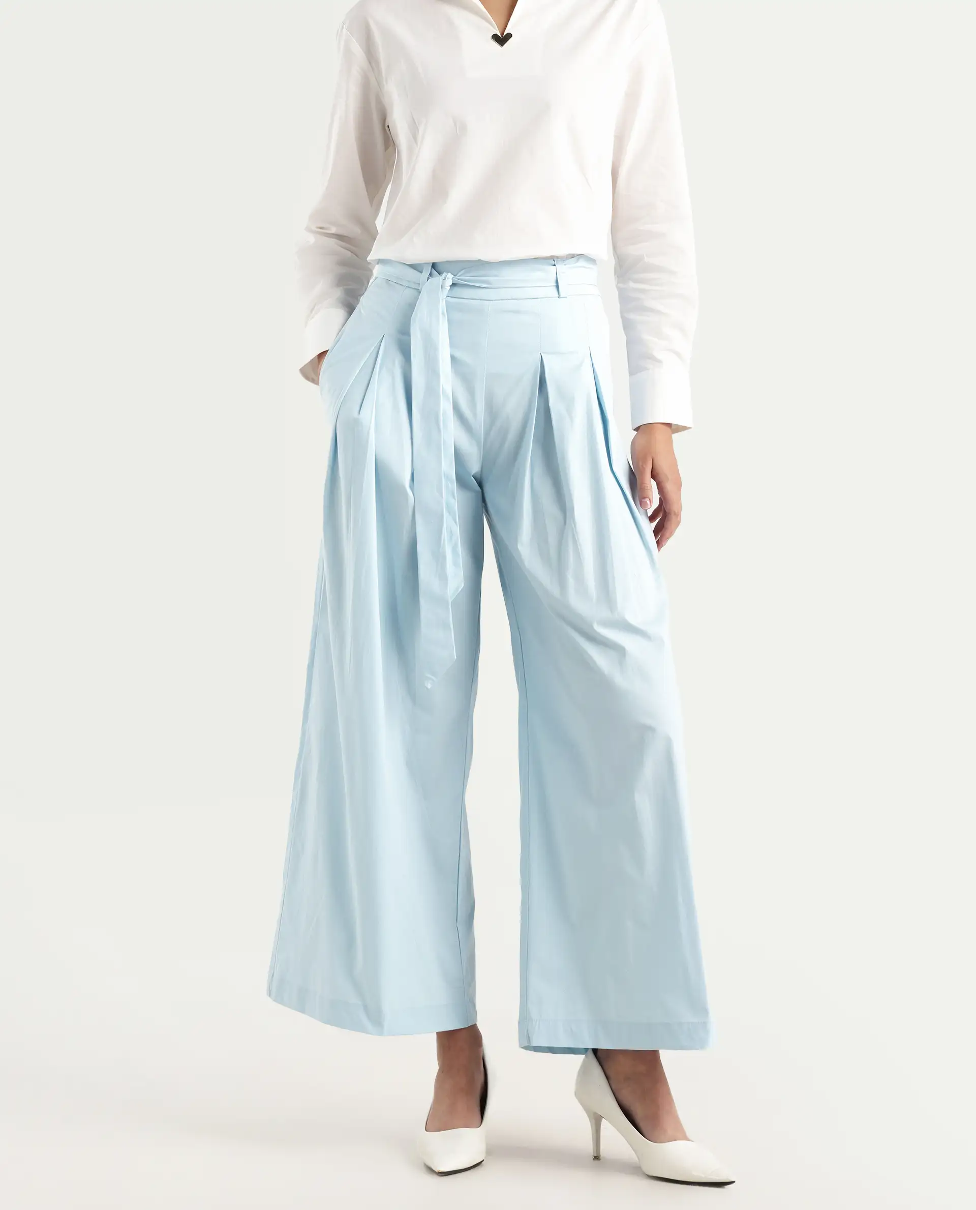 Rareism Women's Sebern Light Blue Cotton Blend Plain Ankle Length Flared Trouser - Image 2