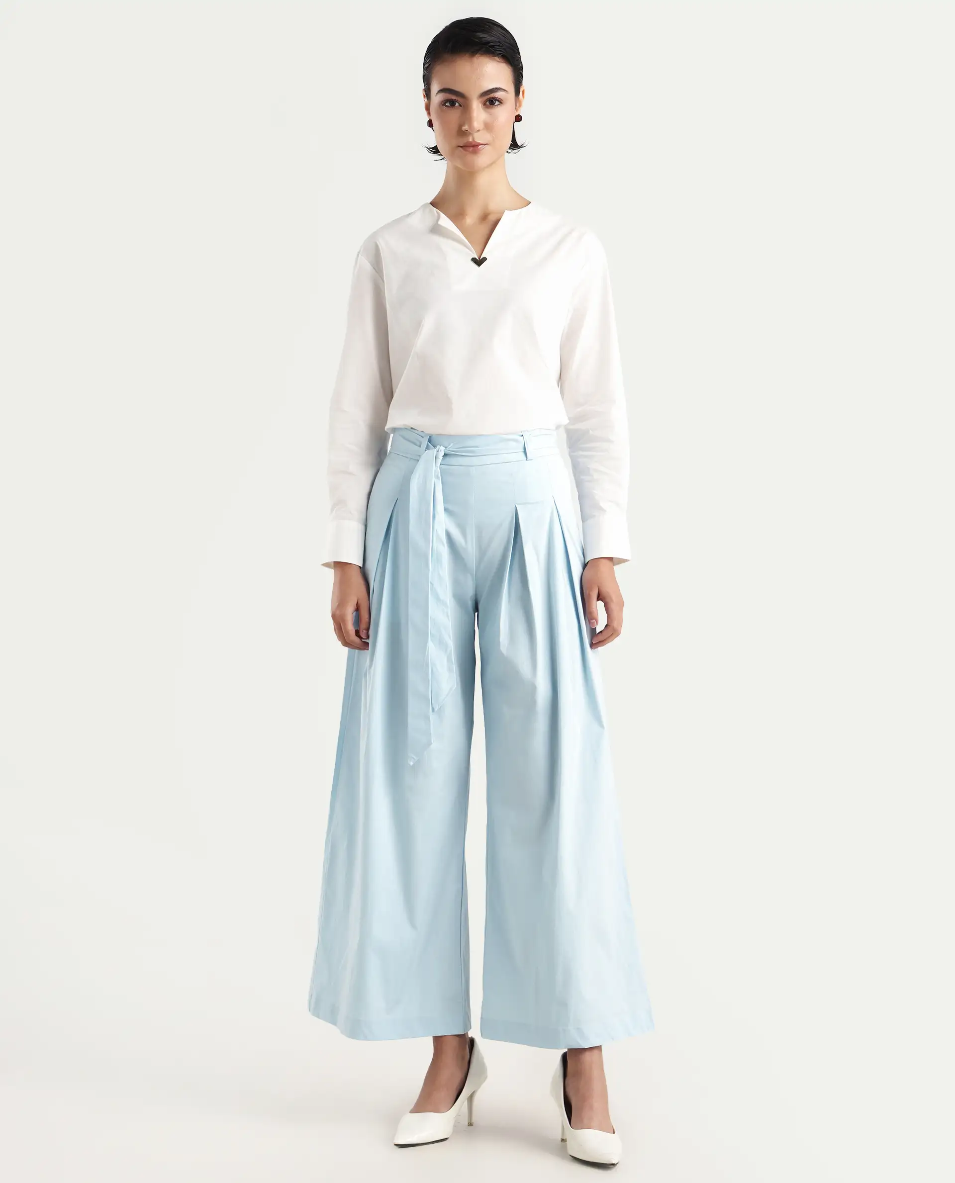 Rareism Women's Sebern Light Blue Cotton Blend Plain Ankle Length Flared Trouser - Image 3