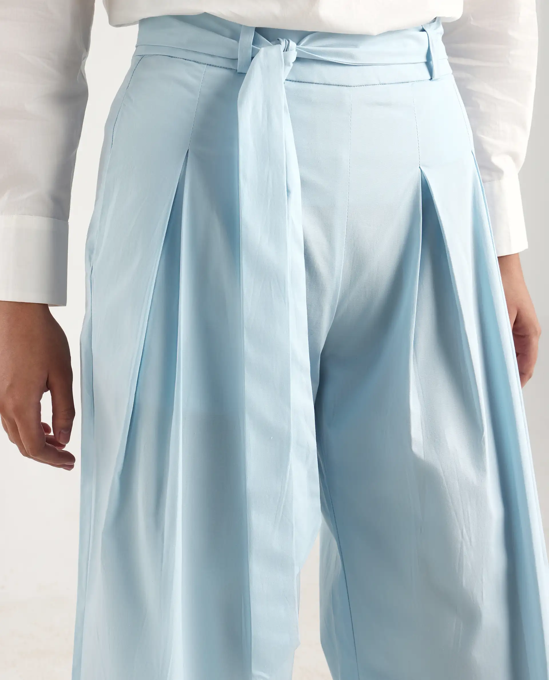 Rareism Women's Sebern Light Blue Cotton Blend Plain Ankle Length Flared Trouser - Image 4