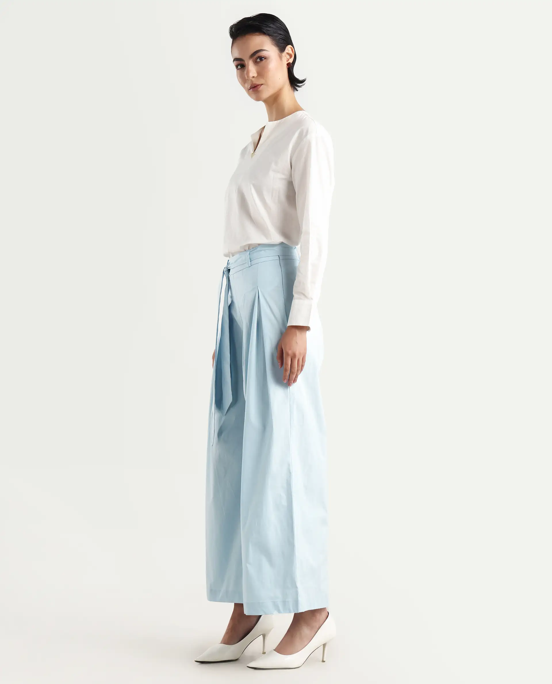 Rareism Women's Sebern Light Blue Cotton Blend Plain Ankle Length Flared Trouser - Image 5
