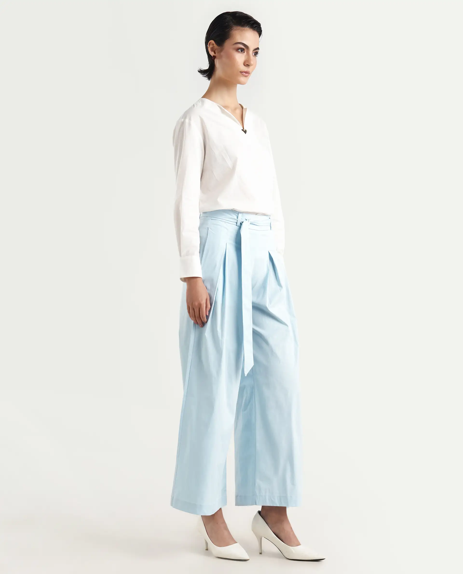 Rareism Women's Sebern Light Blue Cotton Blend Plain Ankle Length Flared Trouser - Image 6