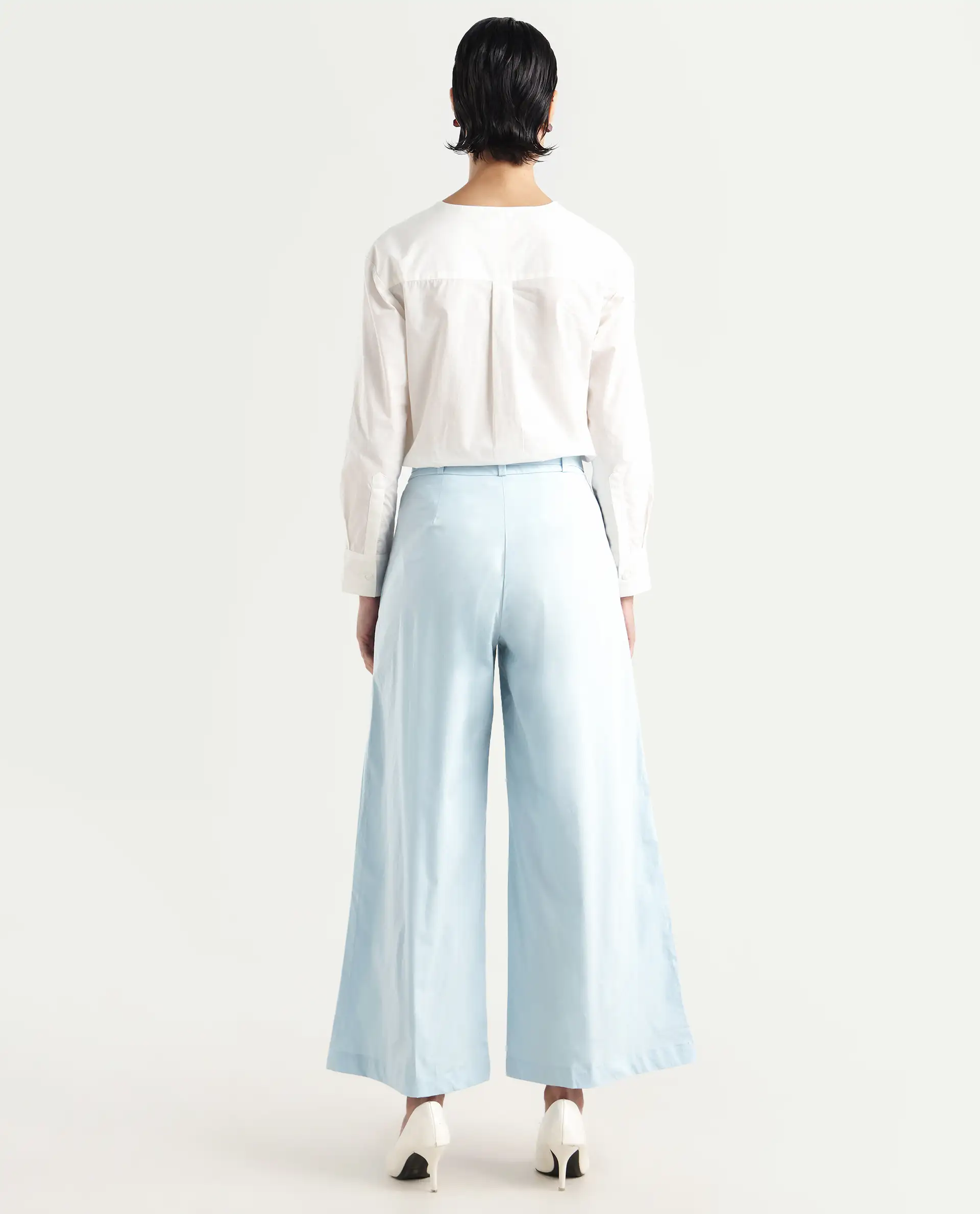 Rareism Women's Sebern Light Blue Cotton Blend Plain Ankle Length Flared Trouser - Image 7