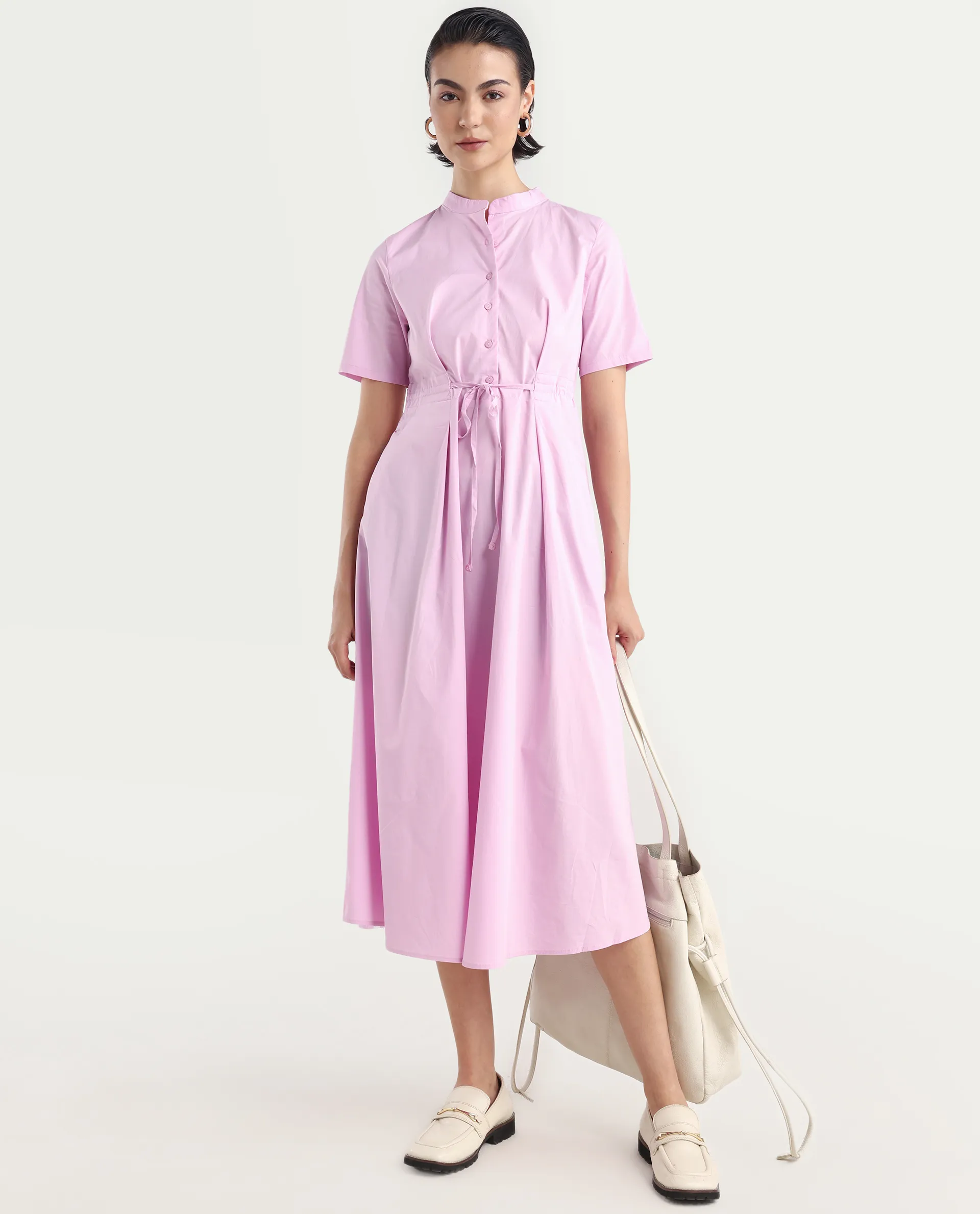 Rareism Women's Sede Pink Cotton Blend Mandarin Collar Plain Midi Flared Dress