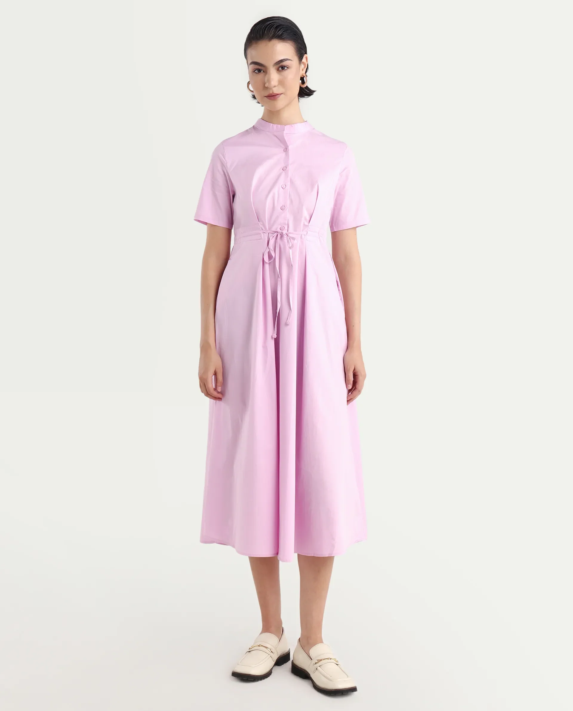 Rareism Women's Sede Pink Cotton Blend Mandarin Collar Plain Midi Flared Dress - Image 2