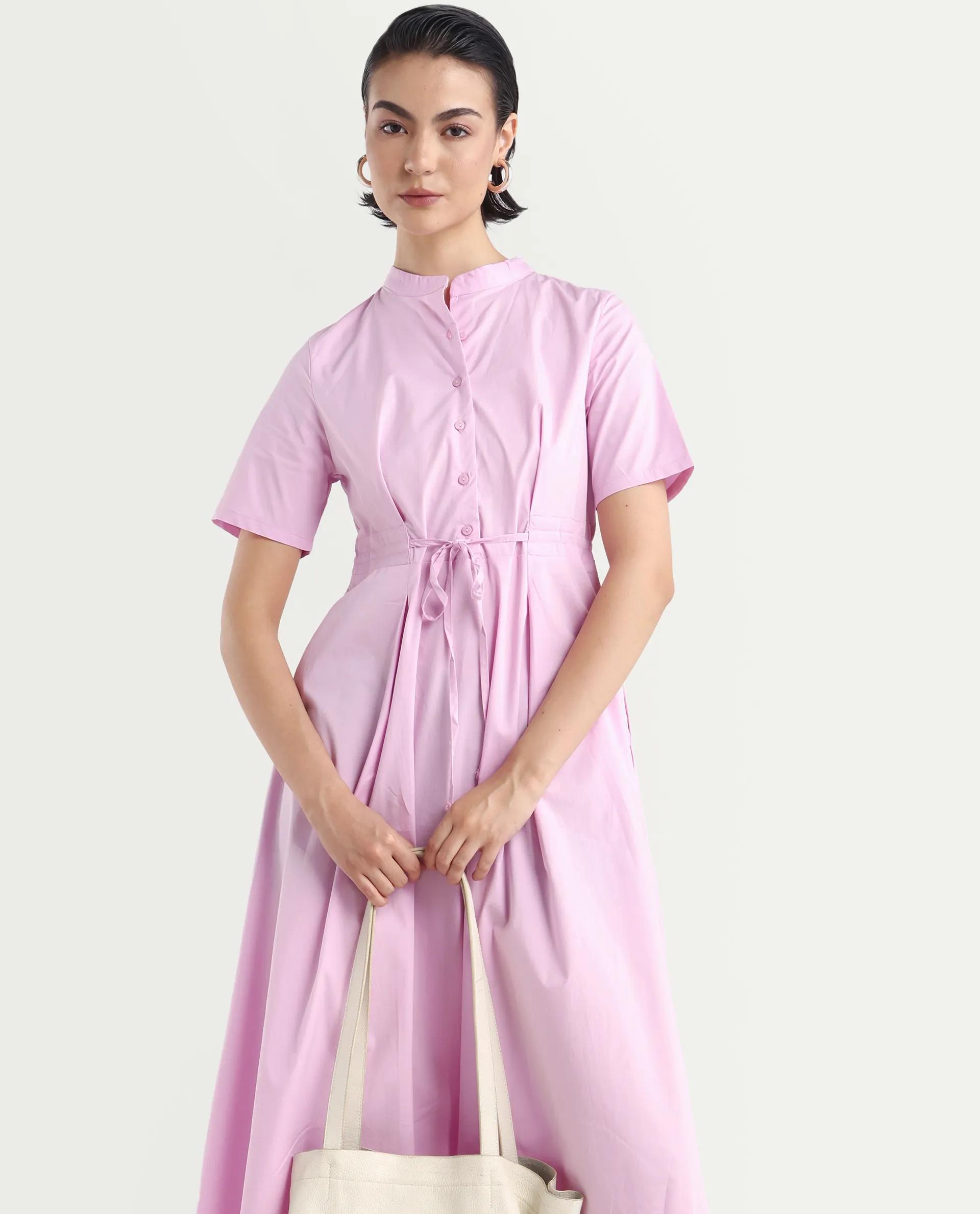 Rareism Women's Sede Pink Cotton Blend Mandarin Collar Plain Midi Flared Dress - Image 3