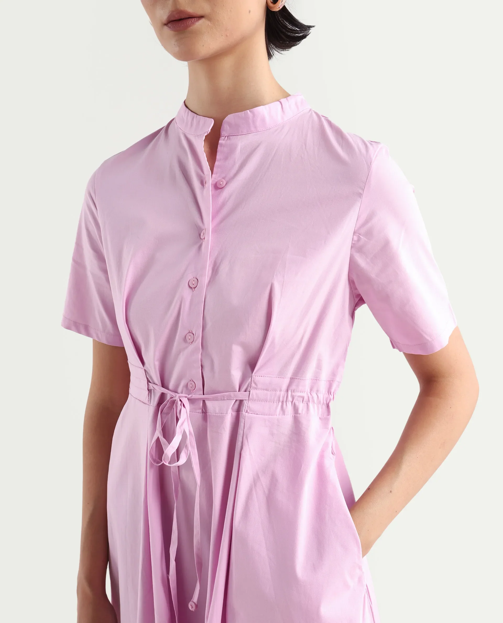 Rareism Women's Sede Pink Cotton Blend Mandarin Collar Plain Midi Flared Dress - Image 4