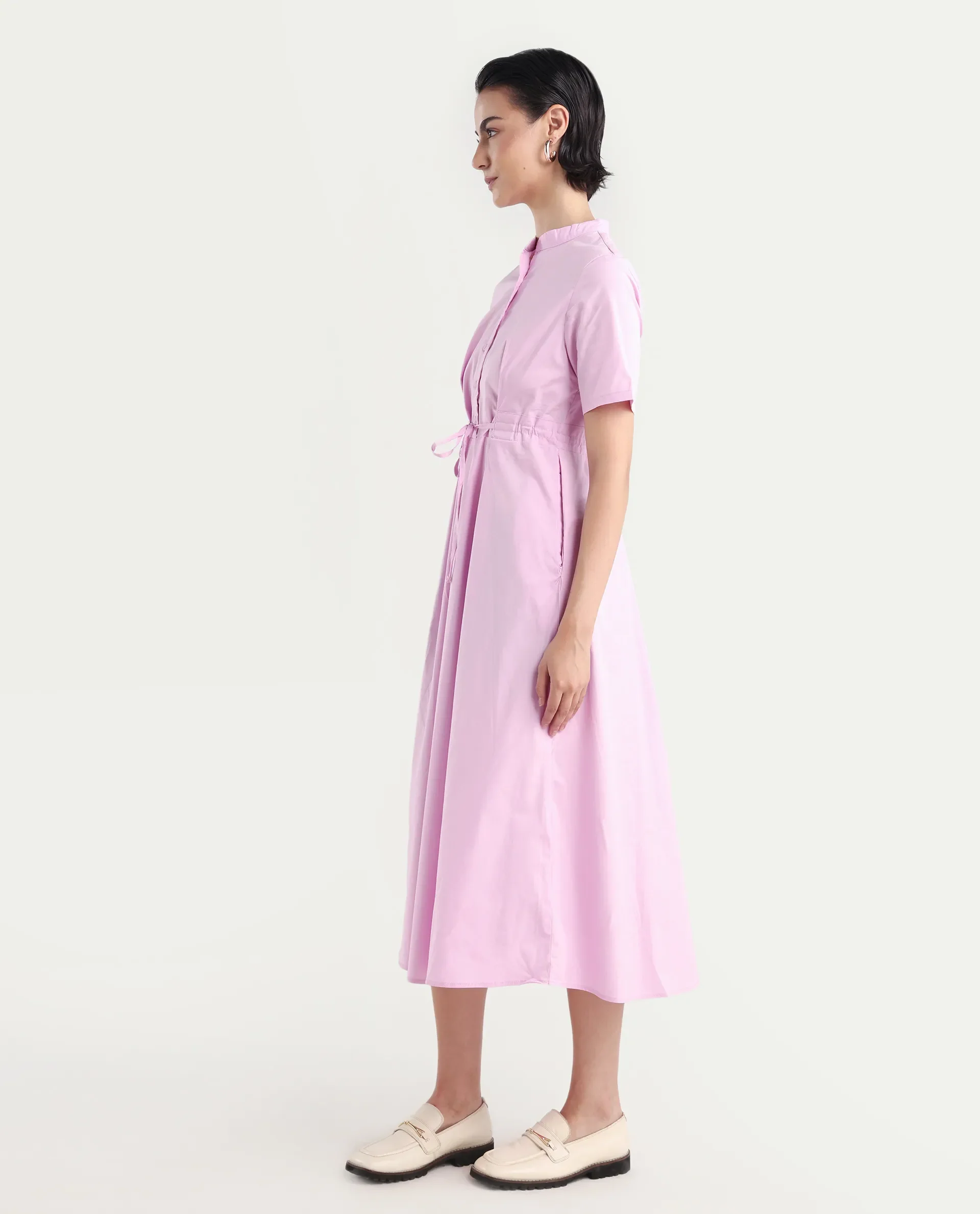 Rareism Women's Sede Pink Cotton Blend Mandarin Collar Plain Midi Flared Dress - Image 5