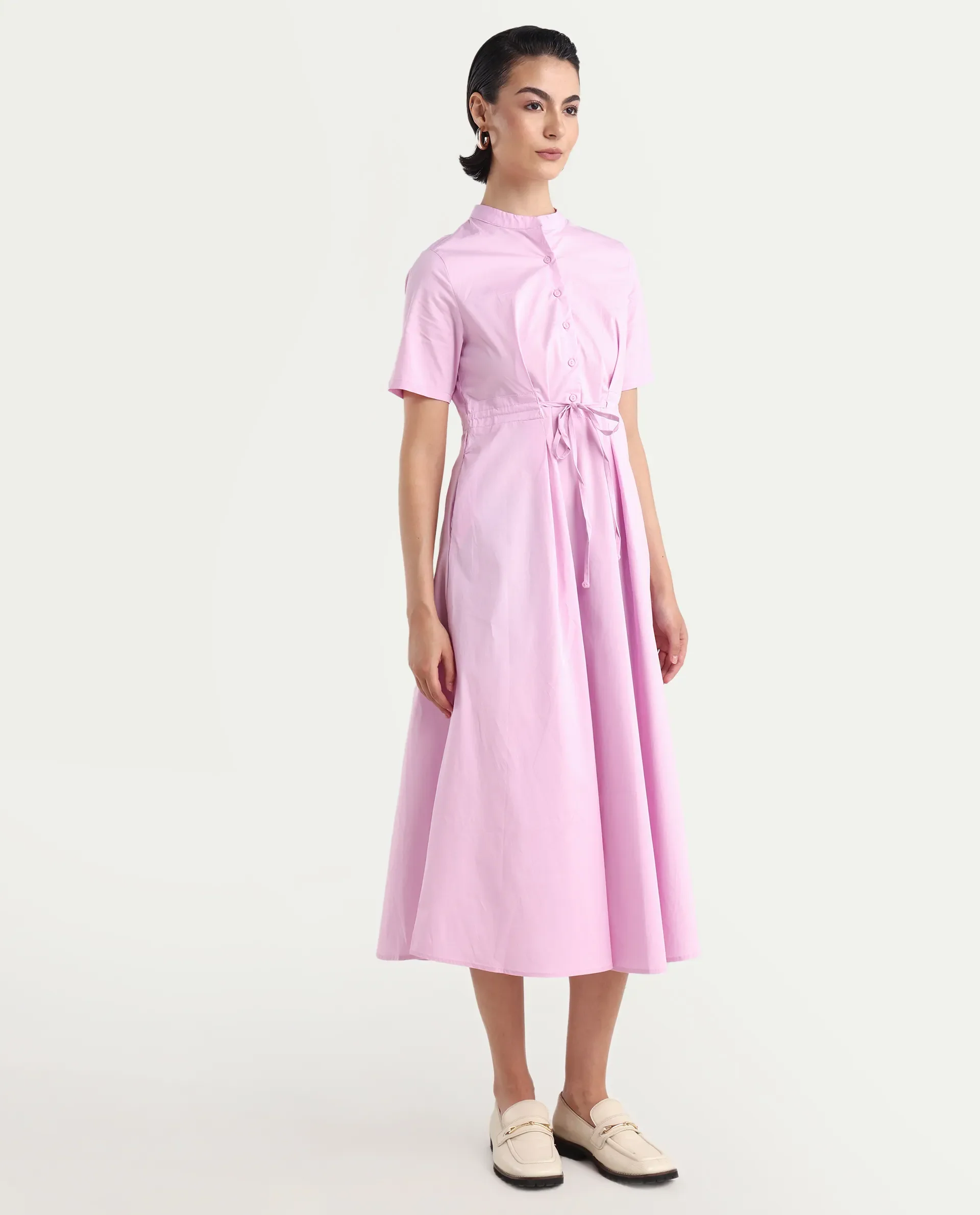 Rareism Women's Sede Pink Cotton Blend Mandarin Collar Plain Midi Flared Dress - Image 6