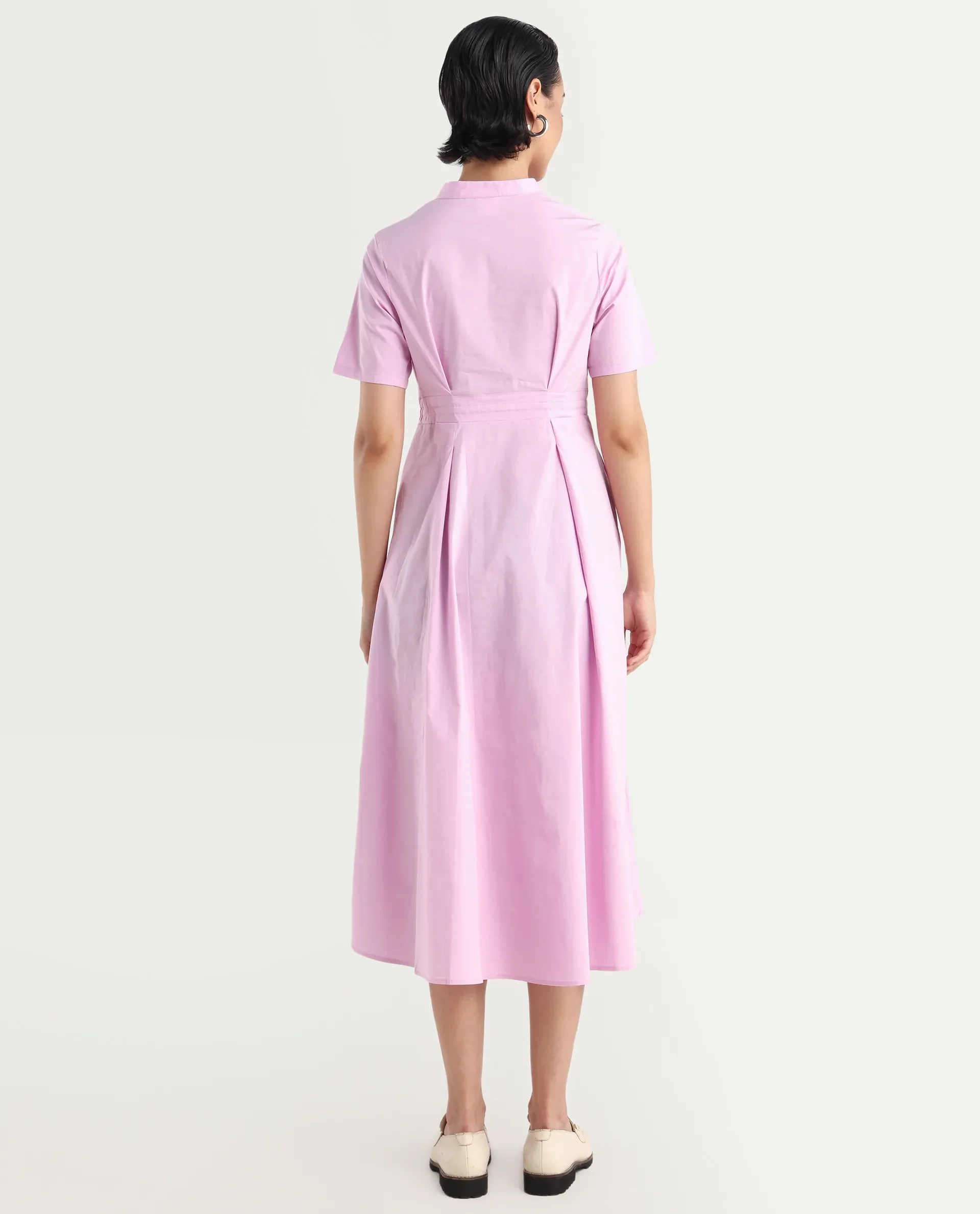 Rareism Women's Sede Pink Cotton Blend Mandarin Collar Plain Midi Flared Dress - Image 7