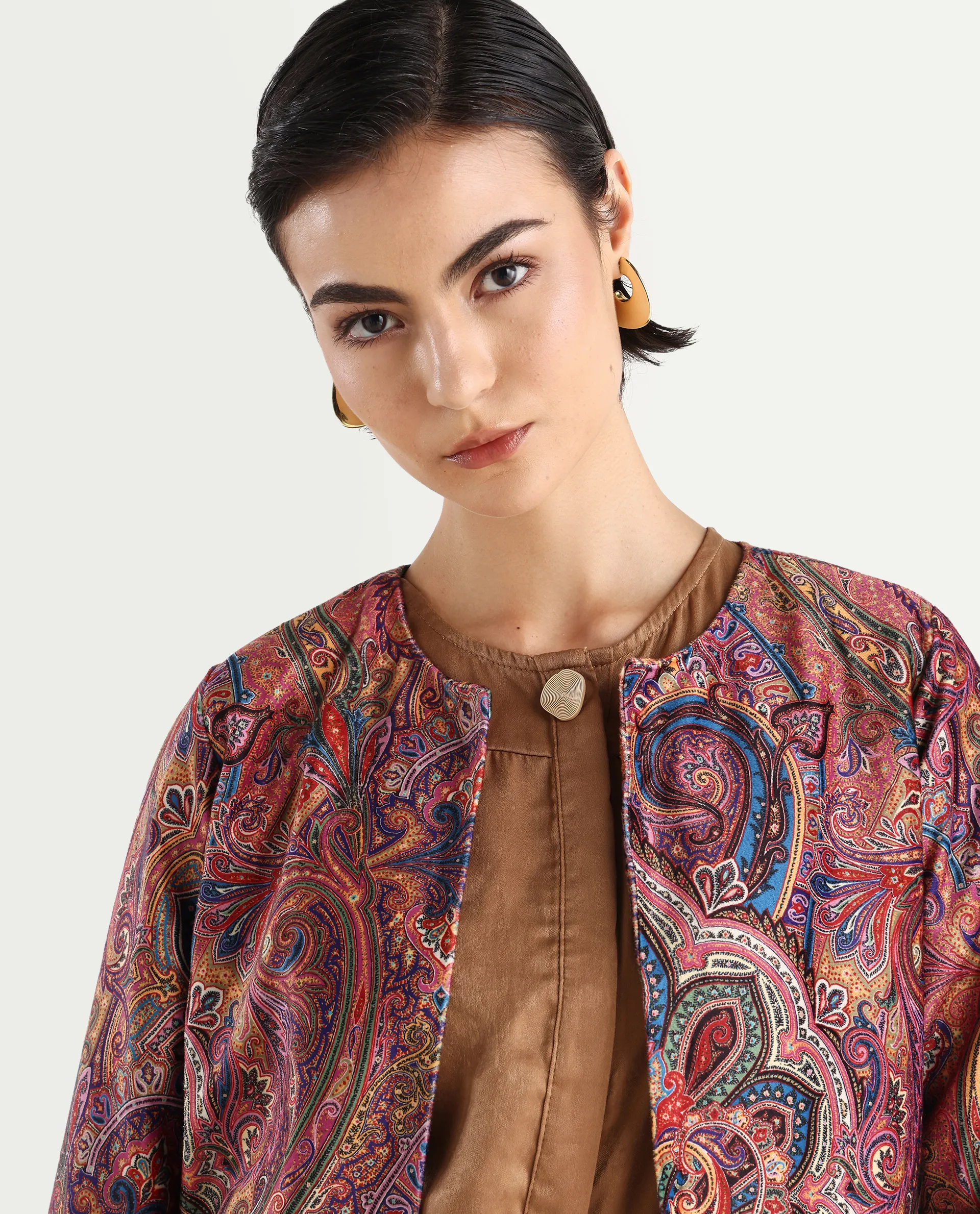 Rareism Women's Sedfer Multi Velvet Collarless Paisley Print Regular Fit Jacket - Image 3