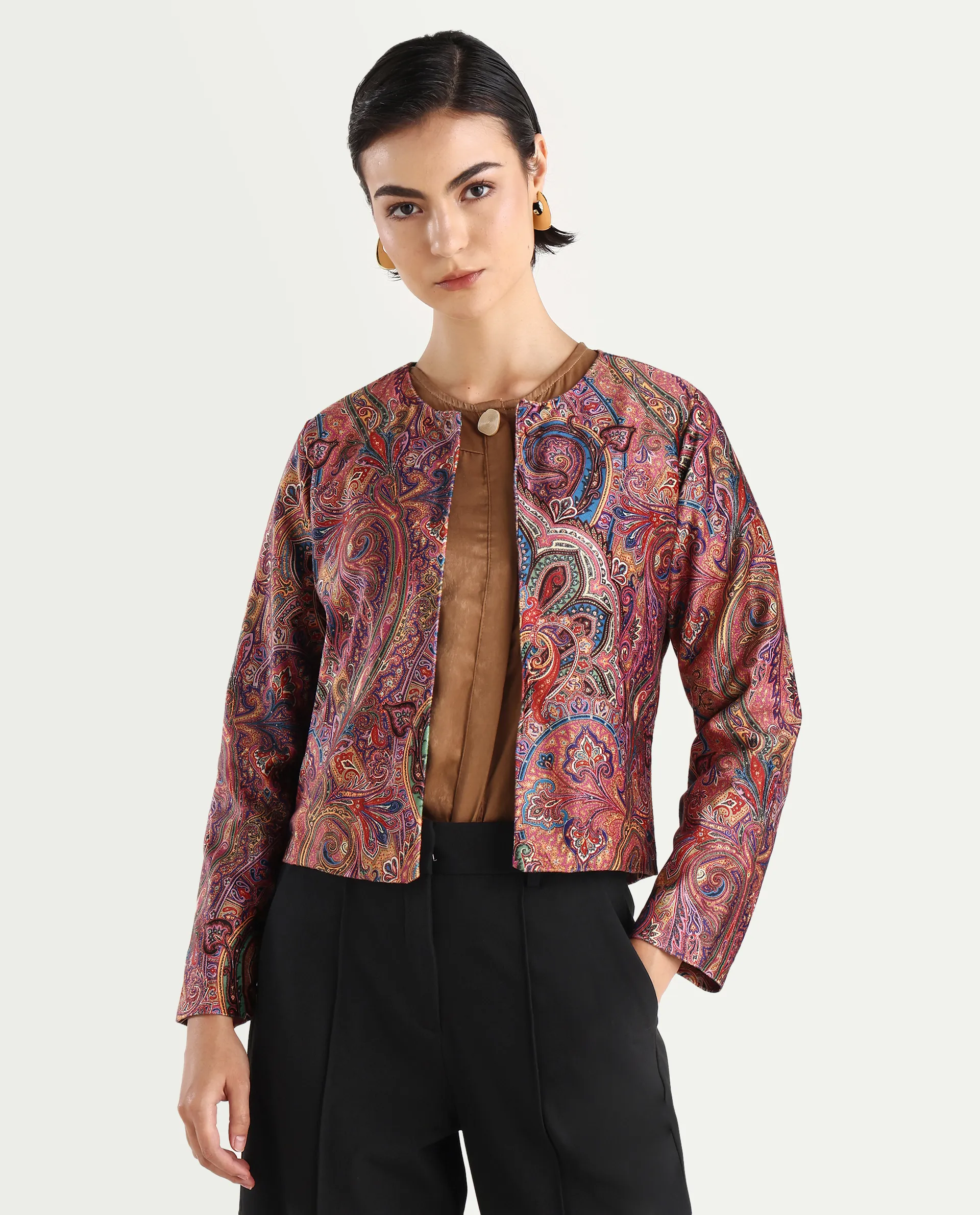 Rareism Women's Sedfer Multi Velvet Collarless Paisley Print Regular Fit Jacket - Image 4