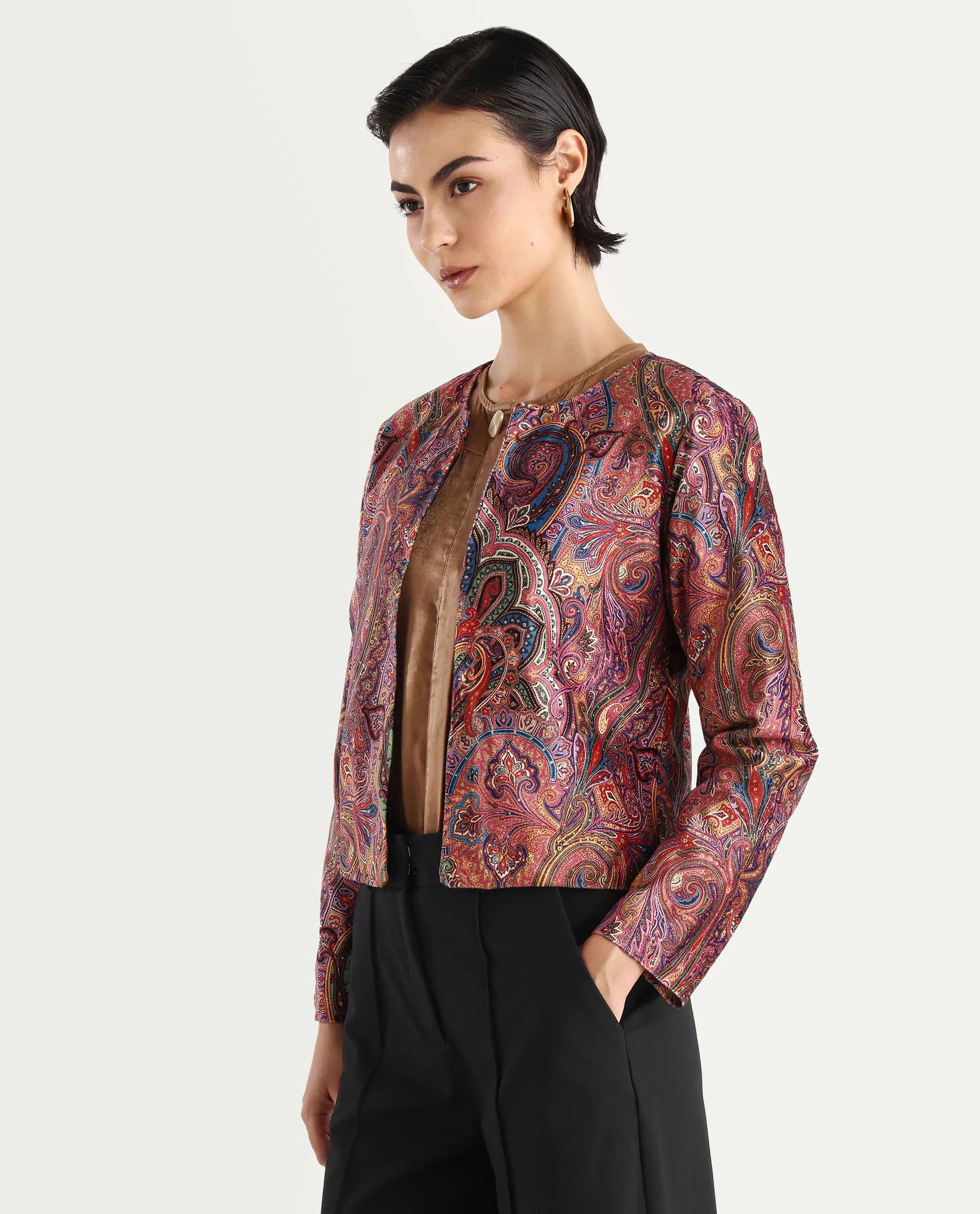 Rareism Women's Sedfer Multi Velvet Collarless Paisley Print Regular Fit Jacket - Image 5