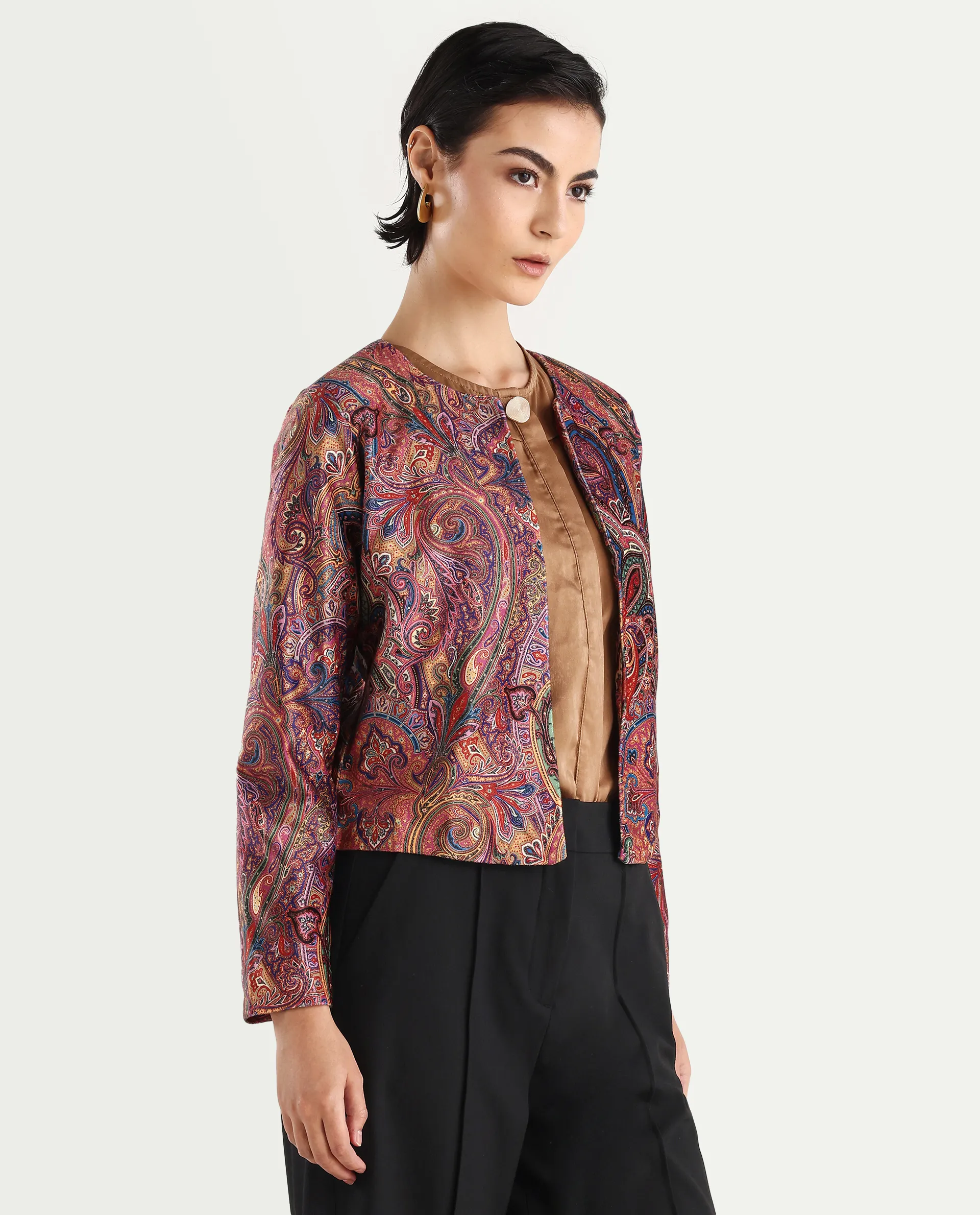 Rareism Women's Sedfer Multi Velvet Collarless Paisley Print Regular Fit Jacket - Image 6
