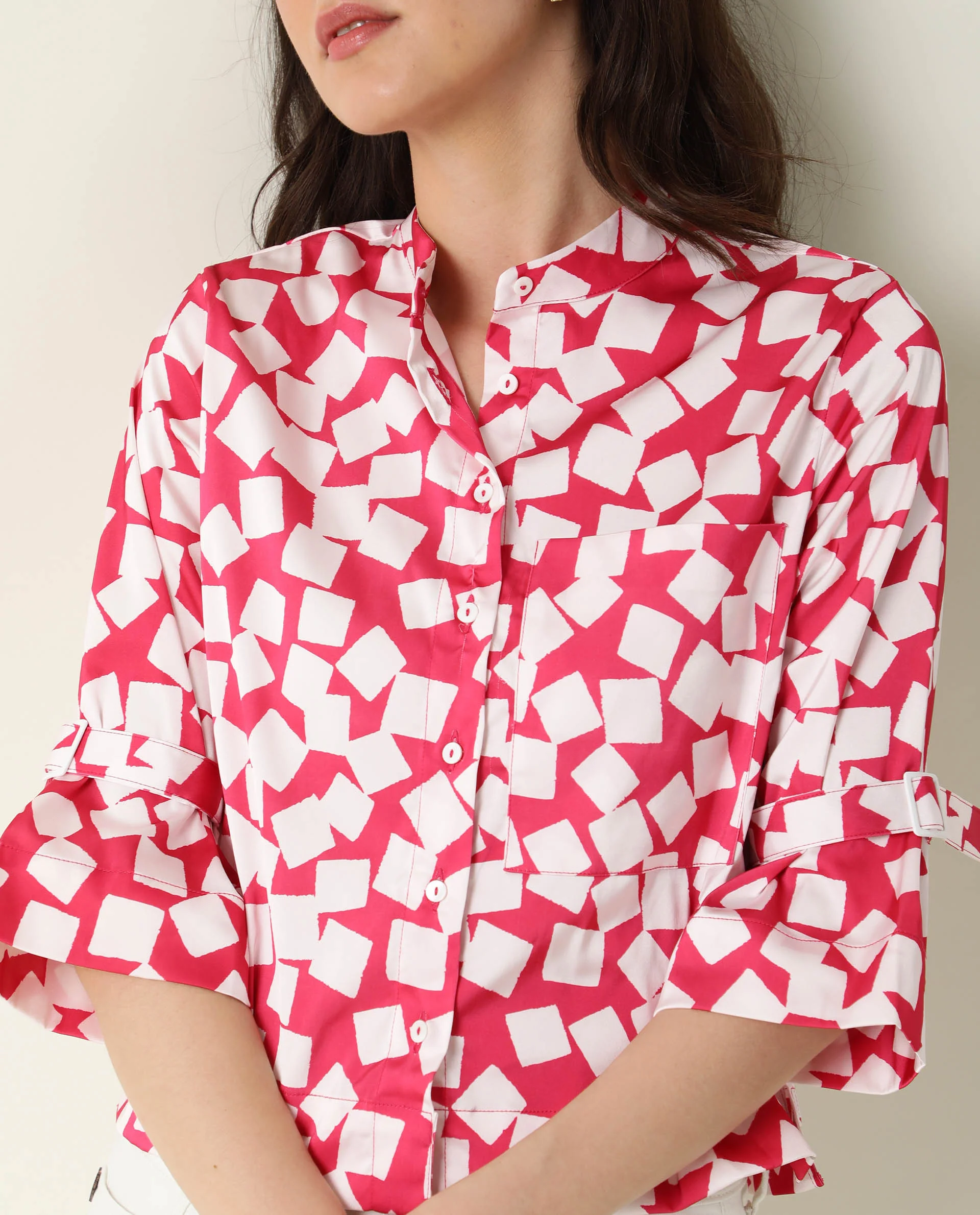 Rareism Women's Seki Pink Modal High Neck Geometric Print Regular Fit Shirt - Image 2