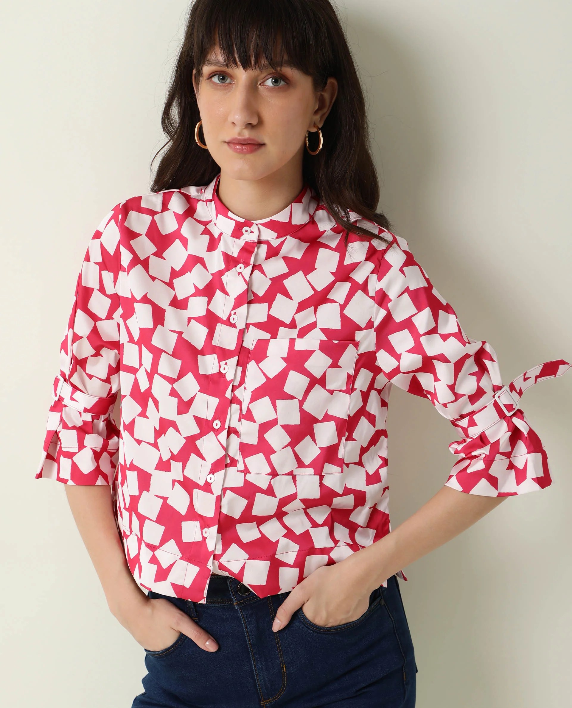 Rareism Women's Seki Pink Modal High Neck Geometric Print Regular Fit Shirt - Image 3