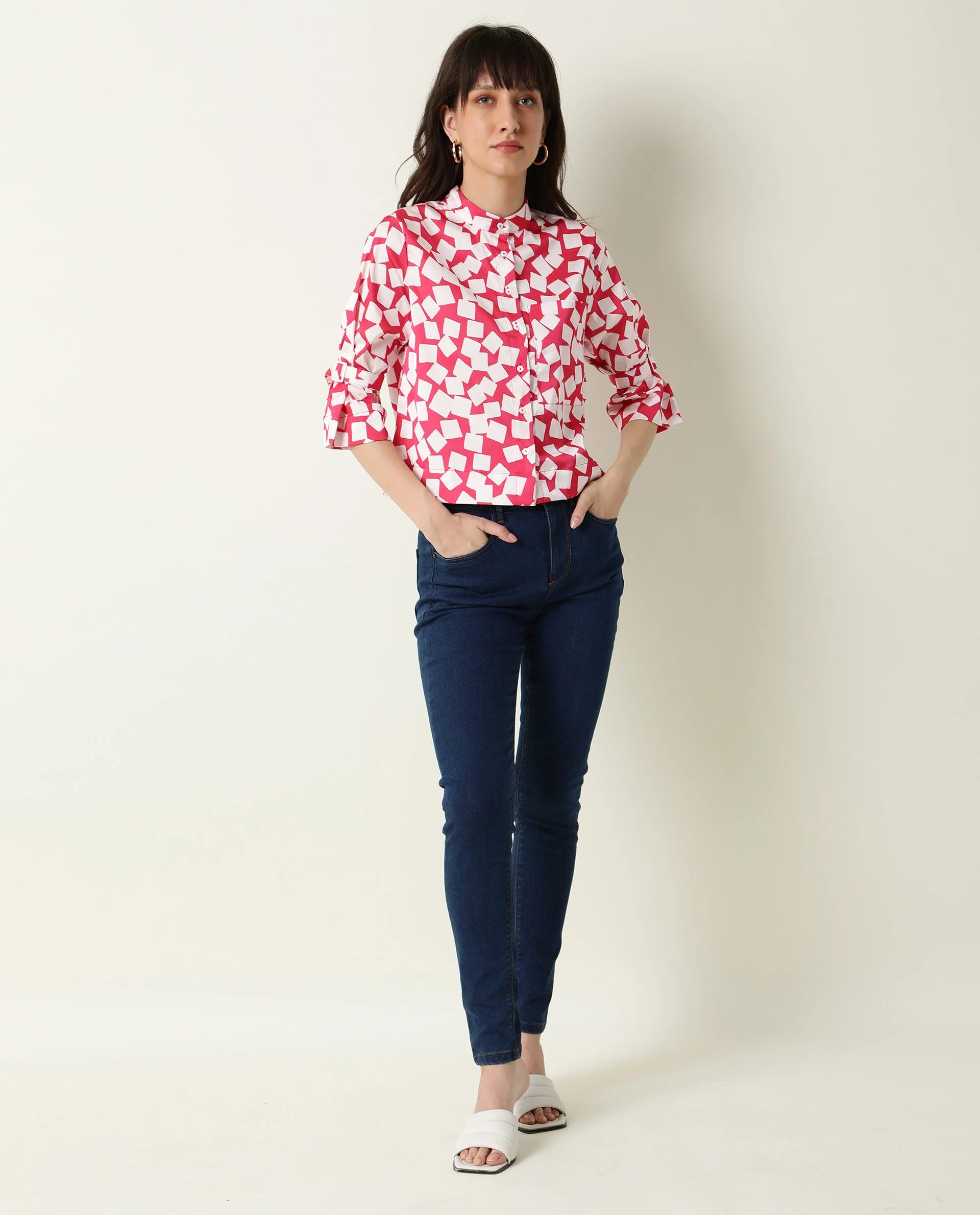 Rareism Women's Seki Pink Modal High Neck Geometric Print Regular Fit Shirt - Image 4
