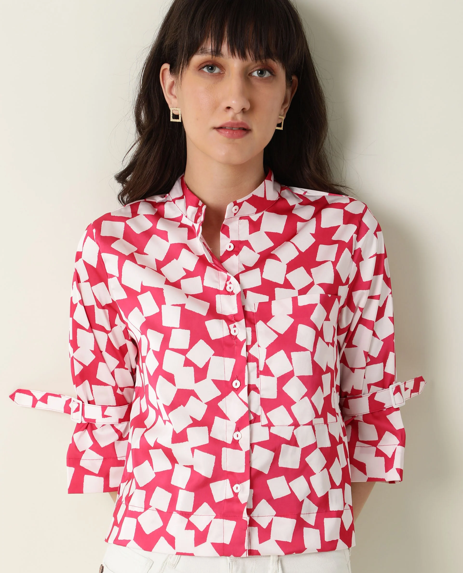 Rareism Women's Seki Pink Modal High Neck Geometric Print Regular Fit Shirt - Image 5
