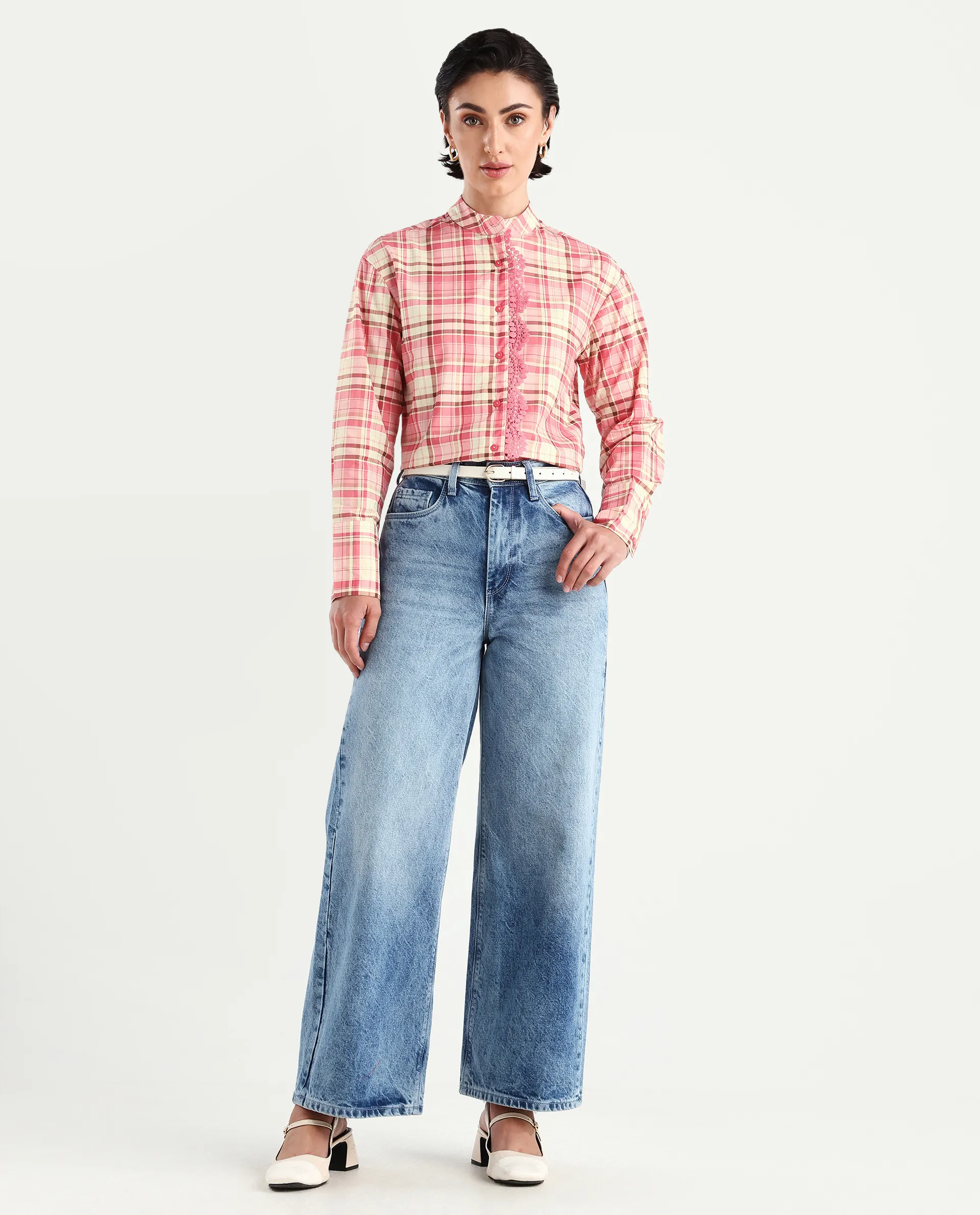 Rareism Women's Sekkum Light Pink Cotton Mandarin Collar Checked Cuffed Sleeve Regular Fit Shirt - Image 2