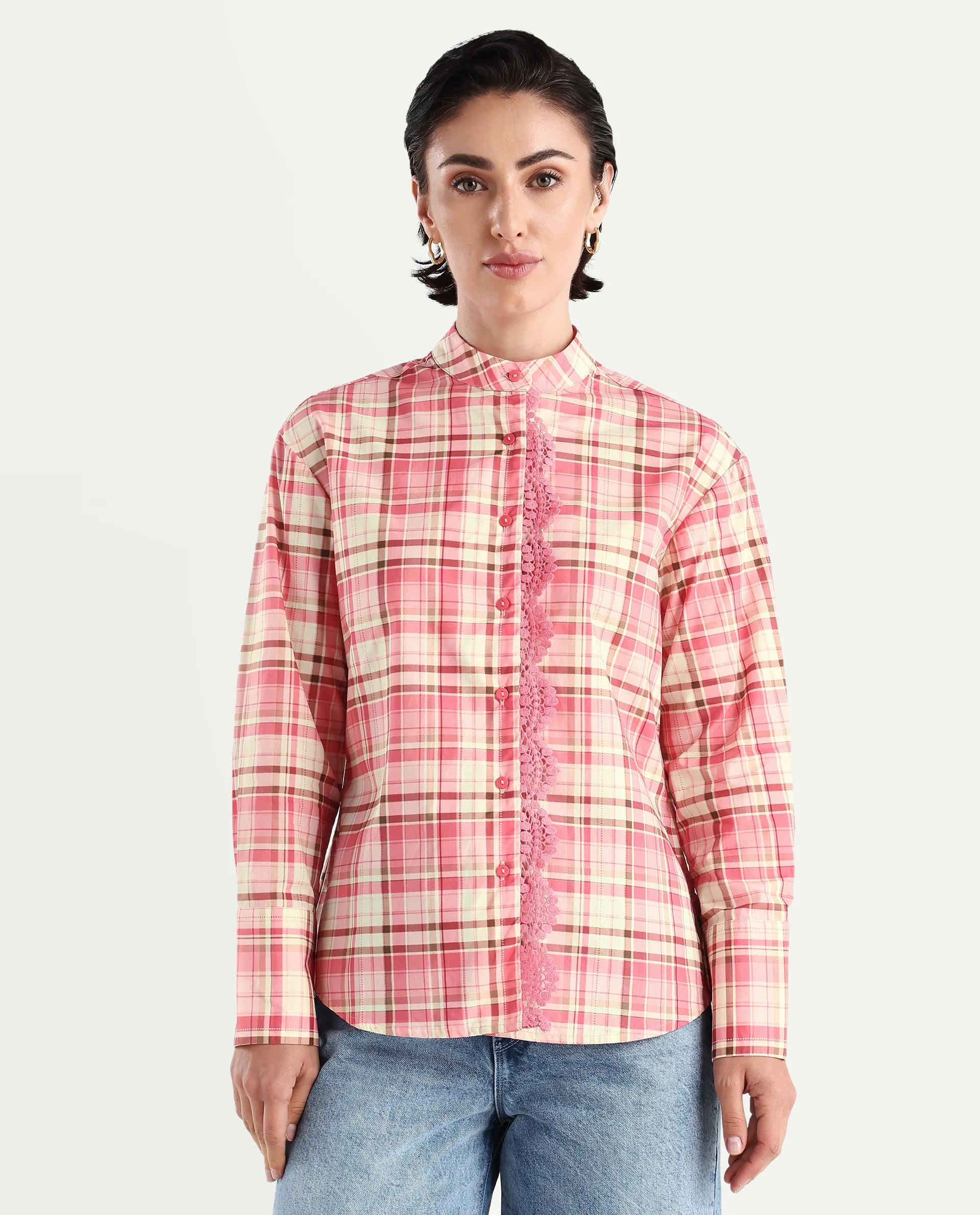 Rareism Women's Sekkum Light Pink Cotton Mandarin Collar Checked Cuffed Sleeve Regular Fit Shirt - Image 3