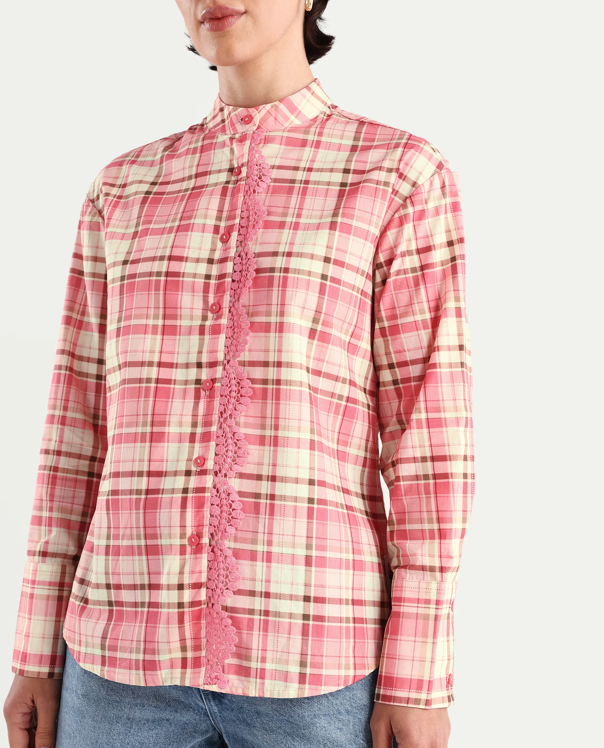 Rareism Women's Sekkum Light Pink Cotton Mandarin Collar Checked Cuffed Sleeve Regular Fit Shirt - Image 4
