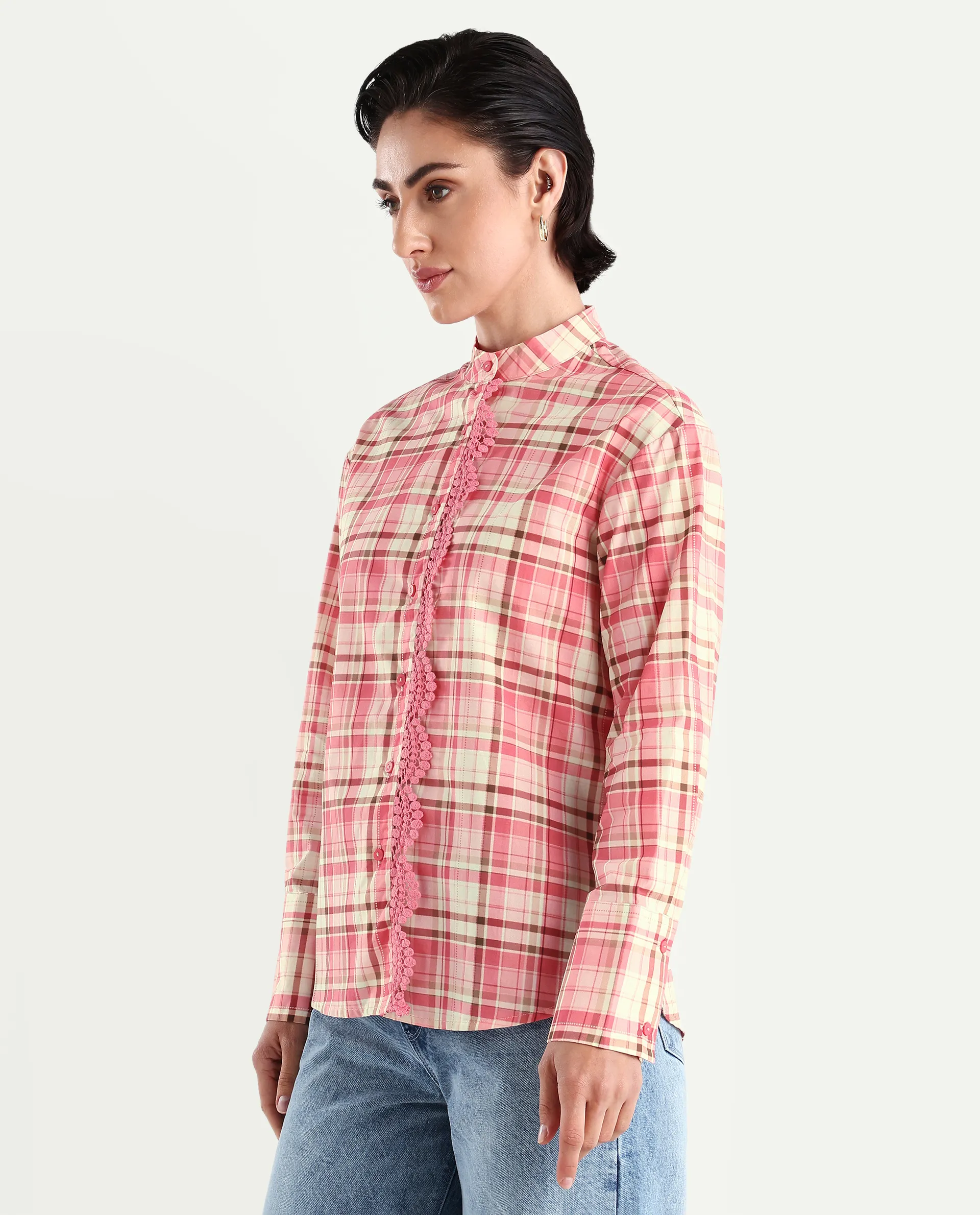 Rareism Women's Sekkum Light Pink Cotton Mandarin Collar Checked Cuffed Sleeve Regular Fit Shirt - Image 5