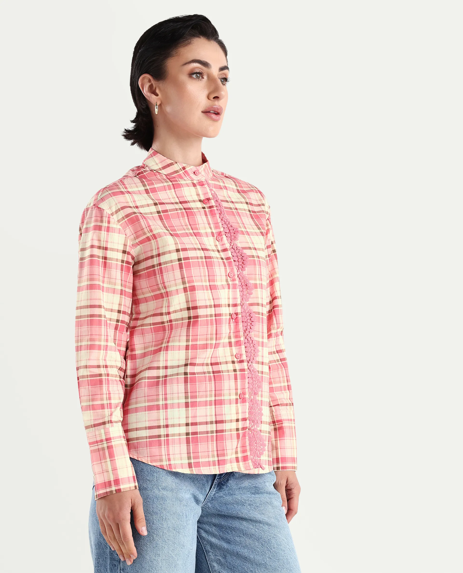 Rareism Women's Sekkum Light Pink Cotton Mandarin Collar Checked Cuffed Sleeve Regular Fit Shirt - Image 6