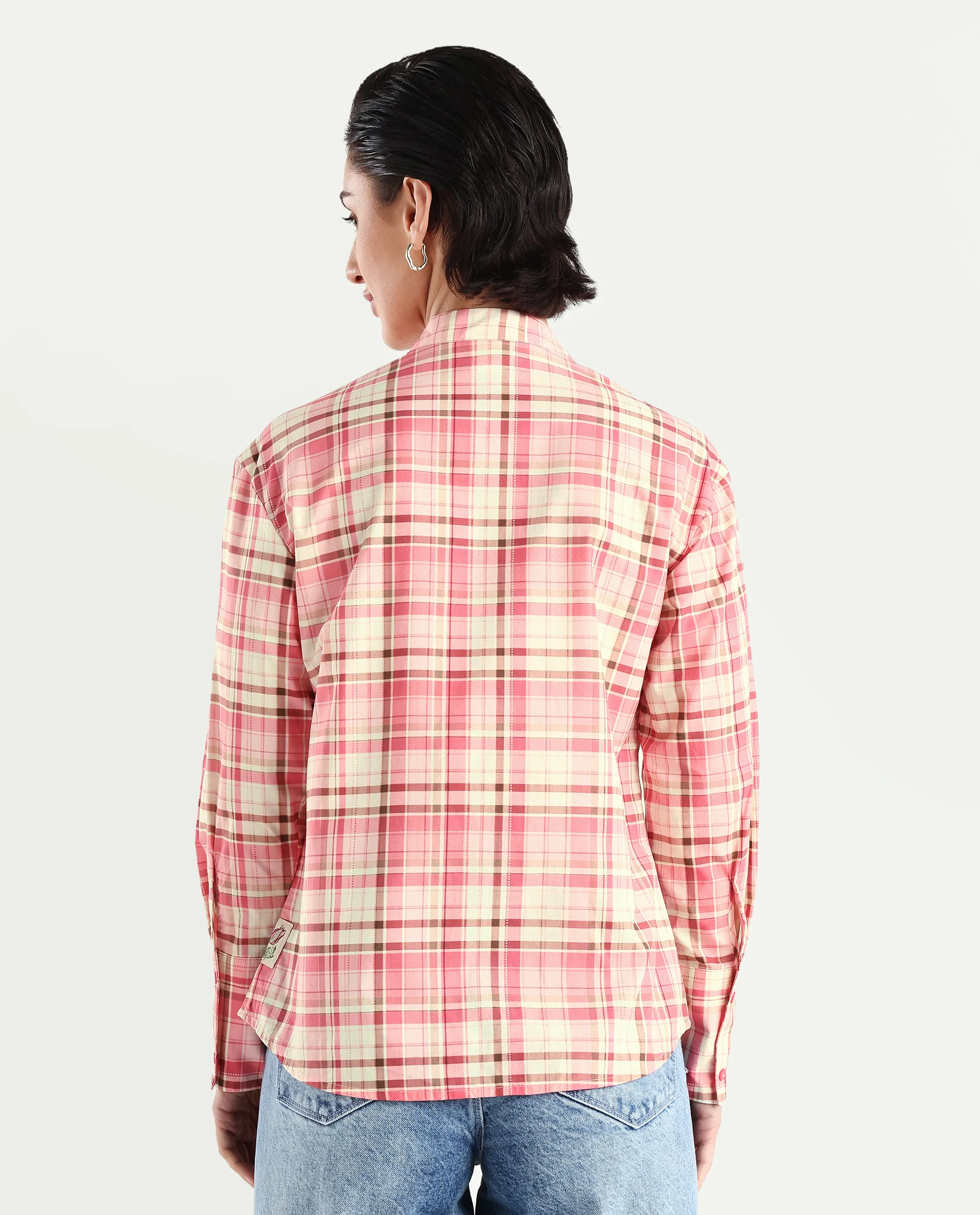 Rareism Women's Sekkum Light Pink Cotton Mandarin Collar Checked Cuffed Sleeve Regular Fit Shirt - Image 7