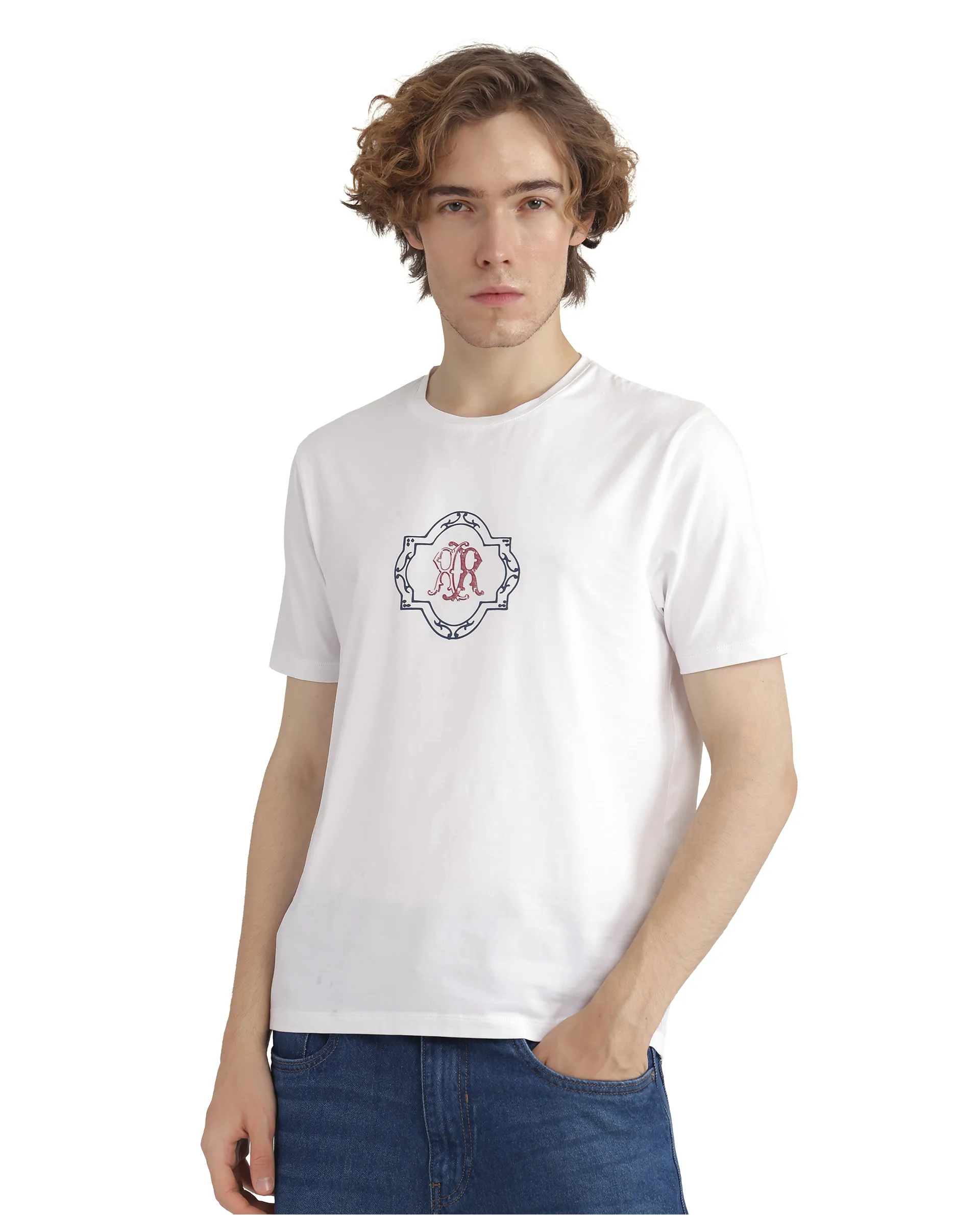Rare Rabbit Men's Seko White Cotton Blend Graphic Print Regular Fit Half Sleeve Crew Neck T-Shirt - Image 2