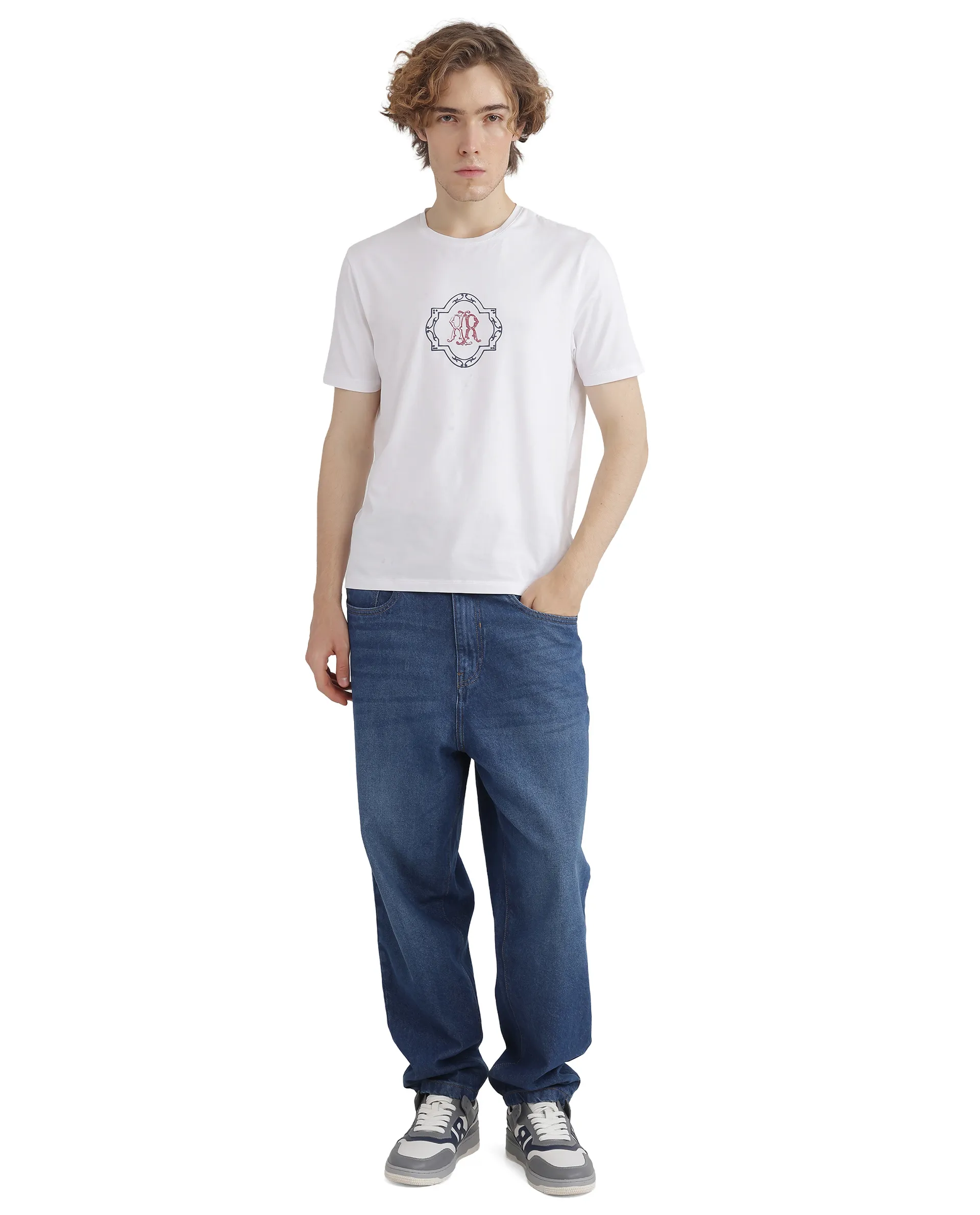 Rare Rabbit Men's Seko White Cotton Blend Graphic Print Regular Fit Half Sleeve Crew Neck T-Shirt - Image 4
