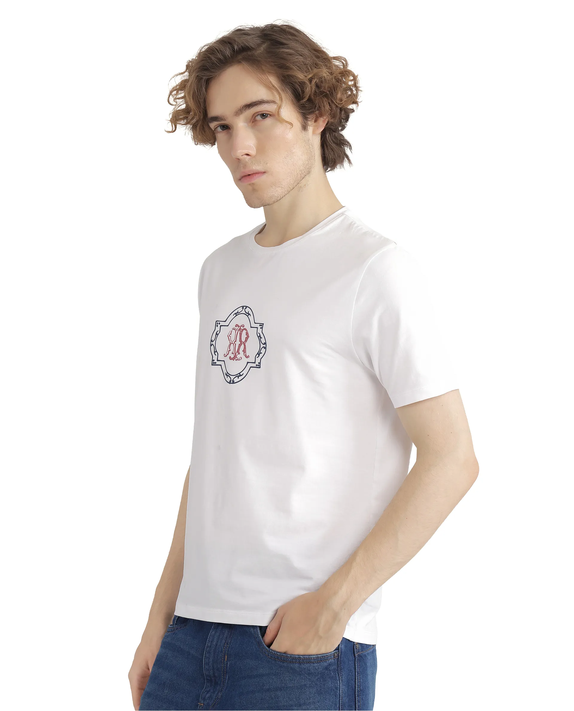 Rare Rabbit Men's Seko White Cotton Blend Graphic Print Regular Fit Half Sleeve Crew Neck T-Shirt - Image 6