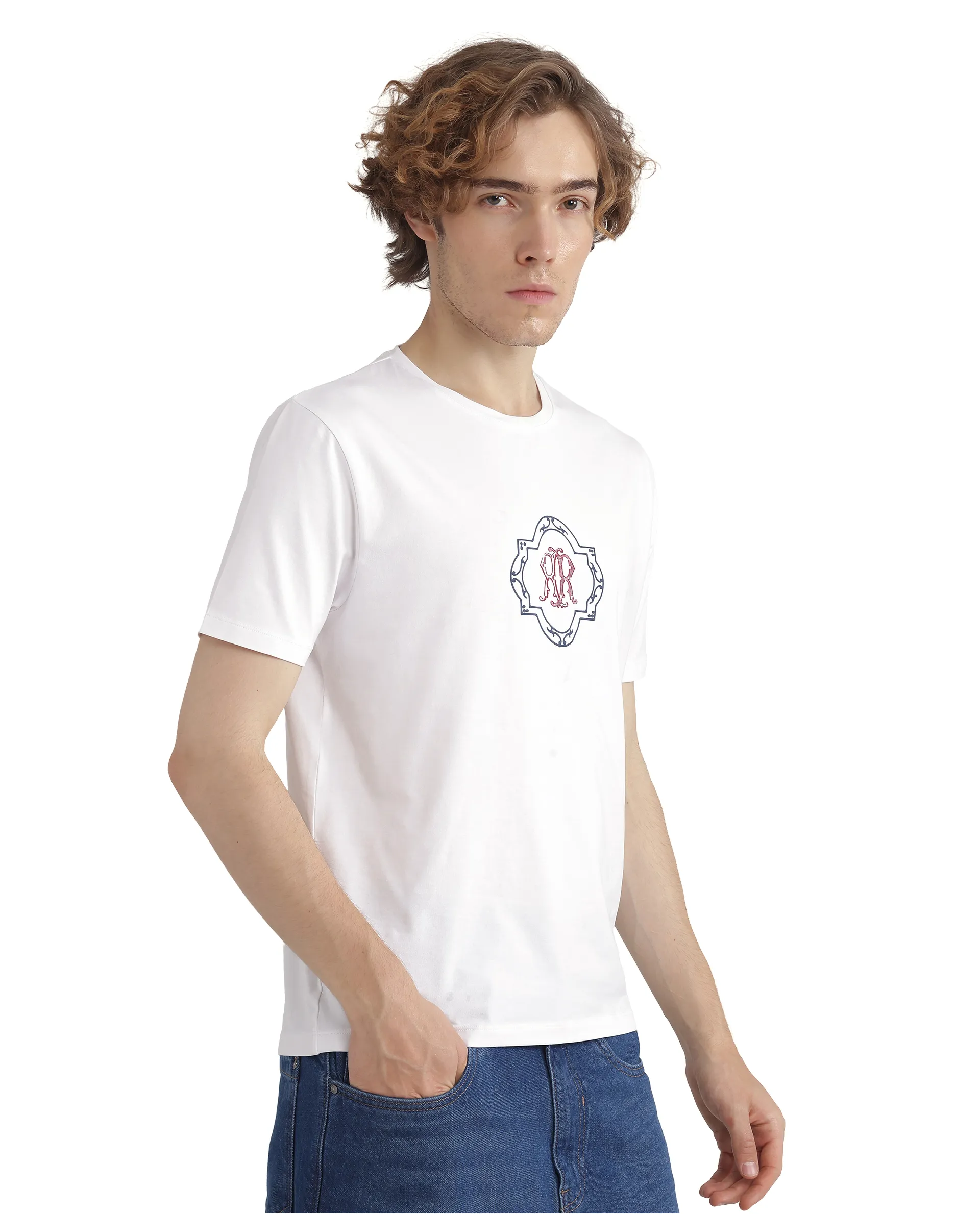 Rare Rabbit Men's Seko White Cotton Blend Graphic Print Regular Fit Half Sleeve Crew Neck T-Shirt - Image 7