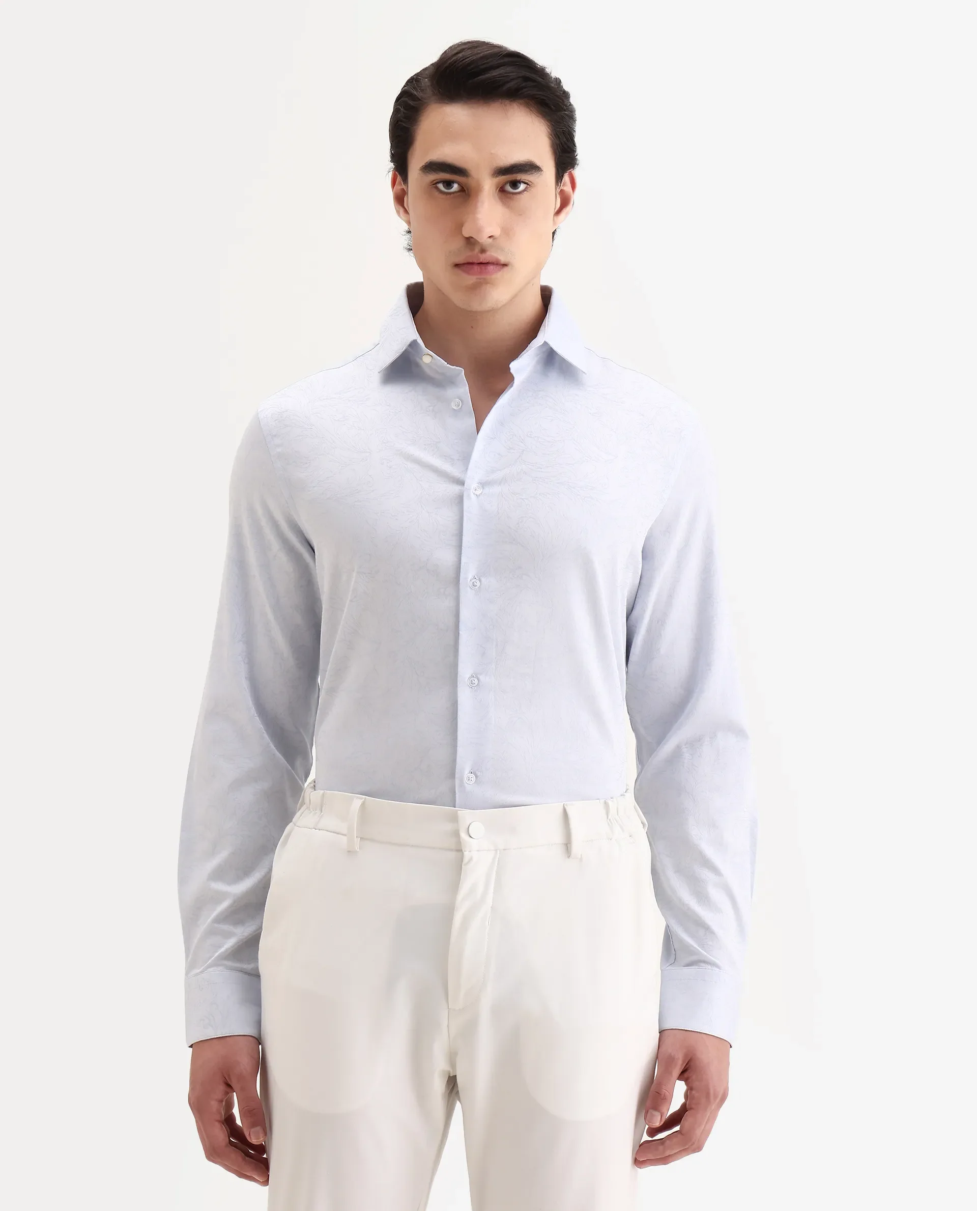 Rare Rabbit Men's Seld Pastel Blue Cotton Blend Spread Collar Regular Fit Jacquard Shirt - Image 4