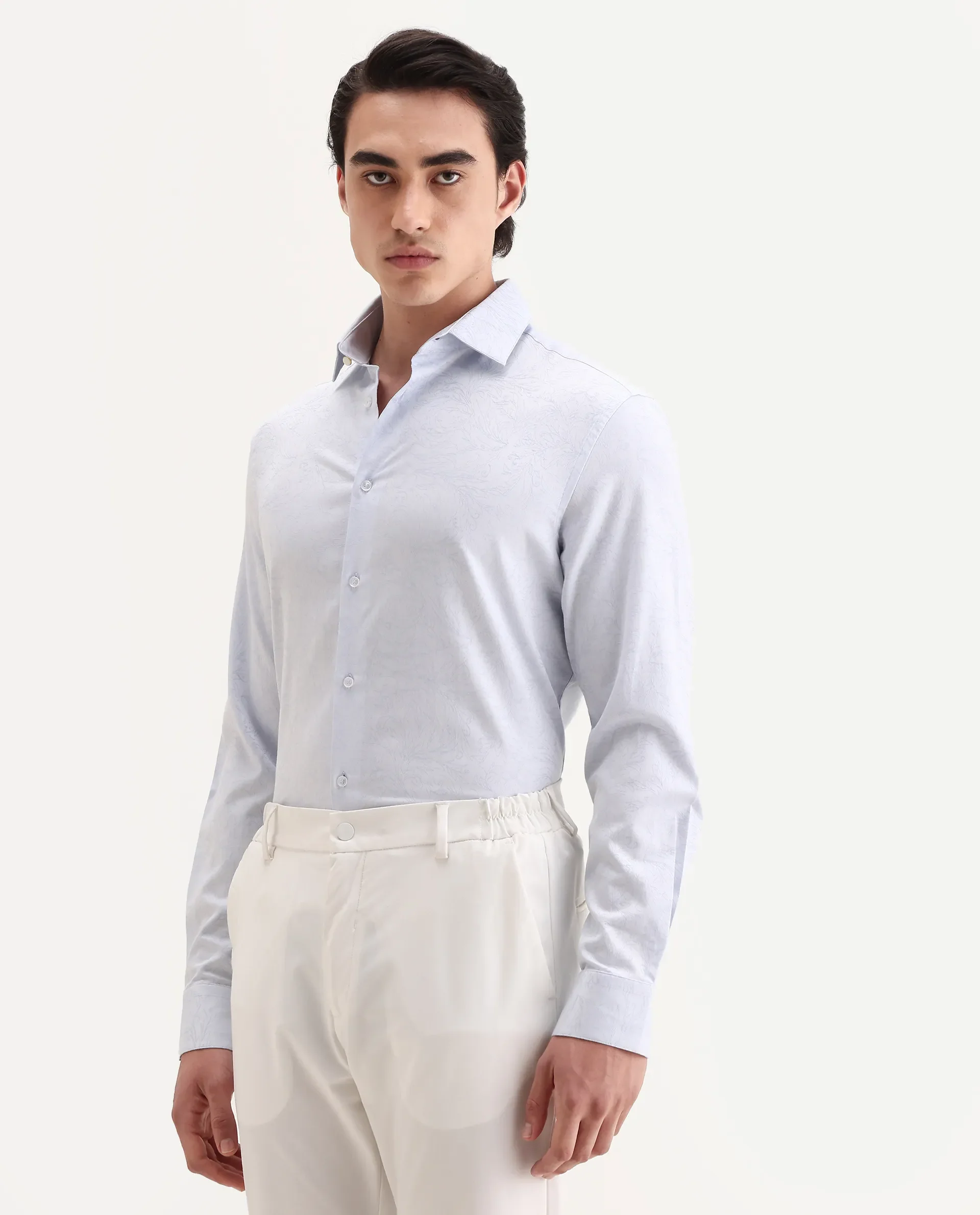 Rare Rabbit Men's Seld Pastel Blue Cotton Blend Spread Collar Regular Fit Jacquard Shirt - Image 5