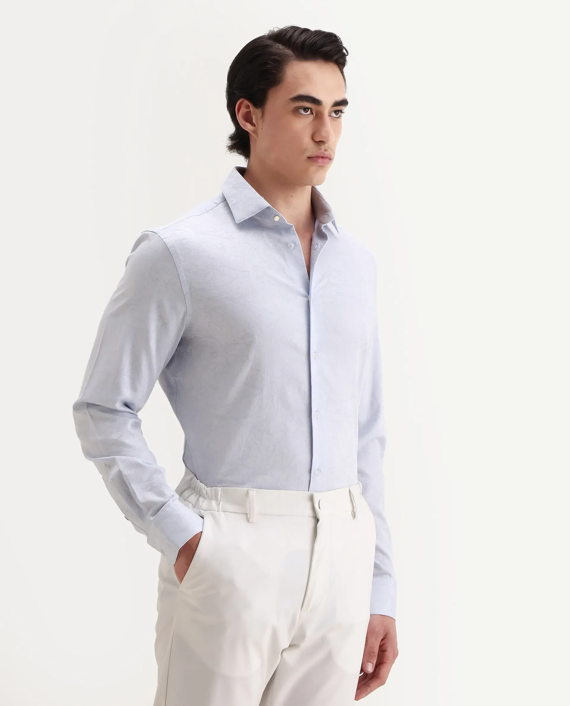 Rare Rabbit Men's Seld Pastel Blue Cotton Blend Spread Collar Regular Fit Jacquard Shirt - Image 6