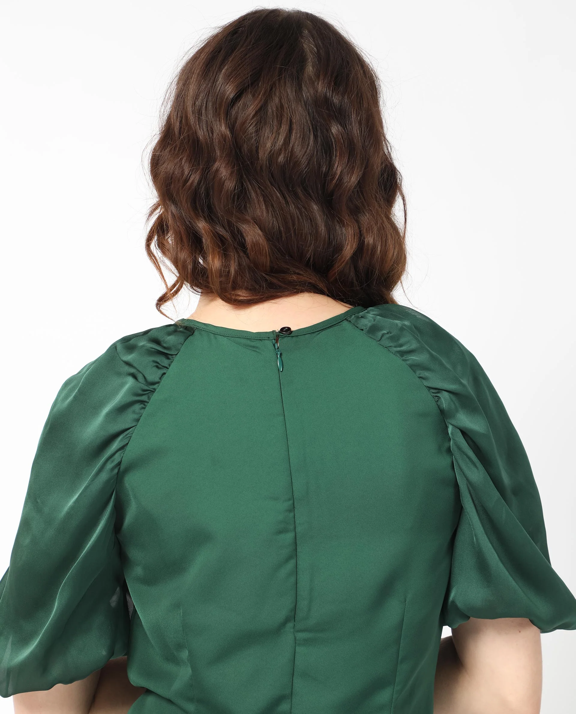 Rareism Women's Seldro Green Polyester Crew Neck Plain Puff Sleeves Mini Regular Fit Dress - Image 10