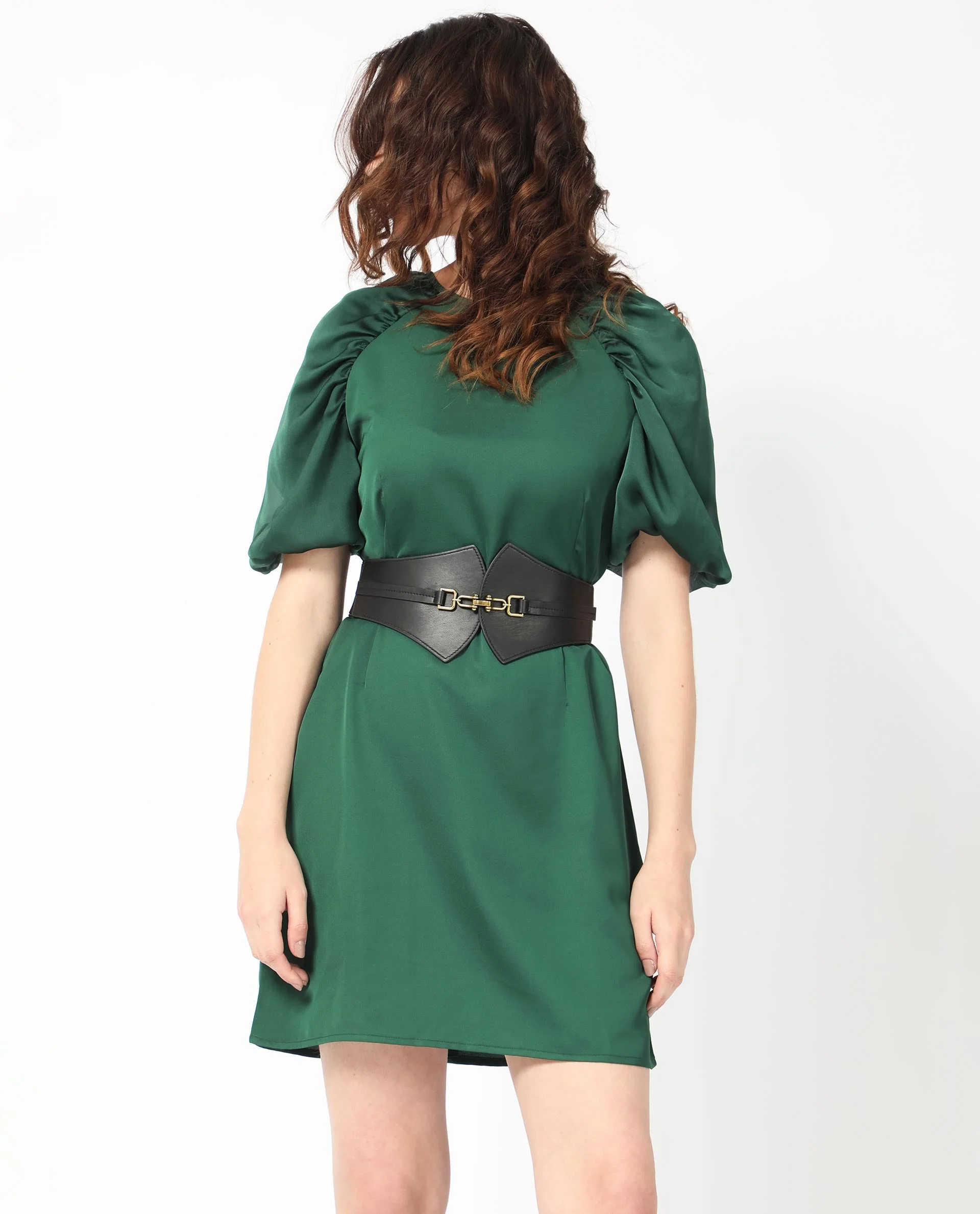 Rareism Women's Seldro Green Polyester Crew Neck Plain Puff Sleeves Mini Regular Fit Dress - Image 4