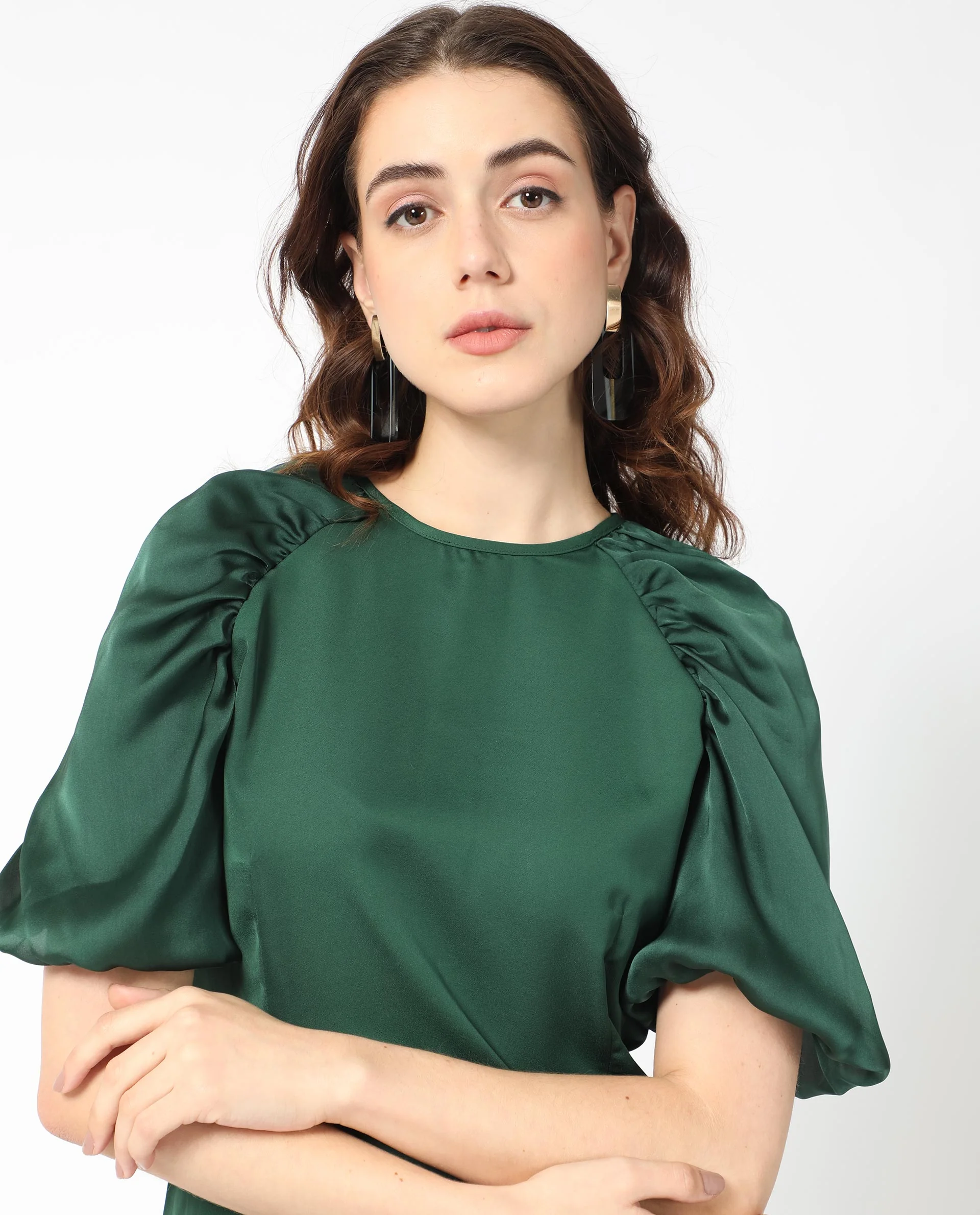Rareism Women's Seldro Green Polyester Crew Neck Plain Puff Sleeves Mini Regular Fit Dress - Image 5