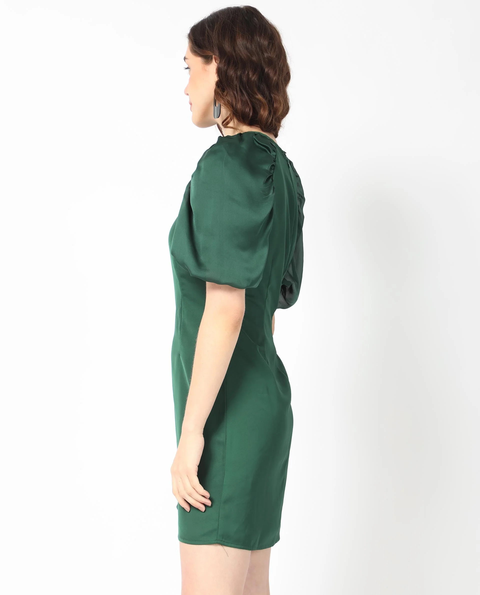 Rareism Women's Seldro Green Polyester Crew Neck Plain Puff Sleeves Mini Regular Fit Dress - Image 7