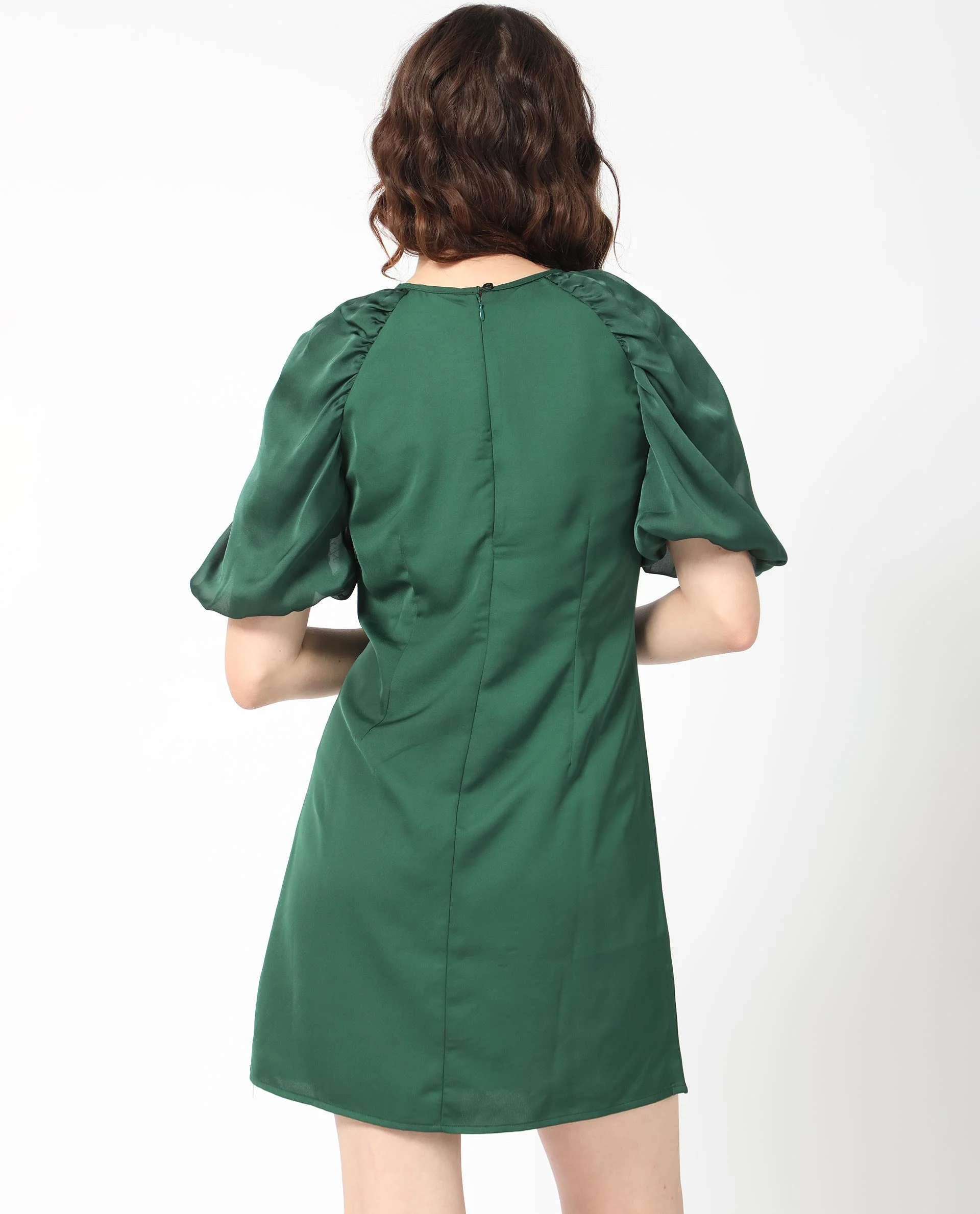 Rareism Women's Seldro Green Polyester Crew Neck Plain Puff Sleeves Mini Regular Fit Dress - Image 9