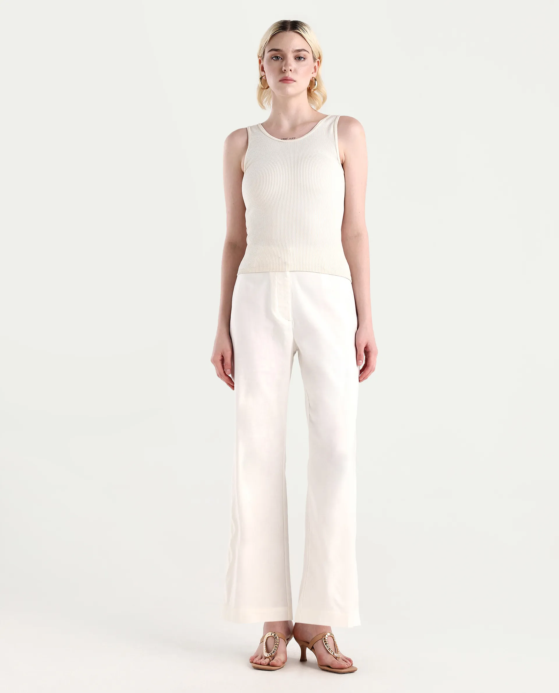 Rareism Women's Selene White Cotton Blend Plain Ankle Length Straight Fit Trouser - Image 2