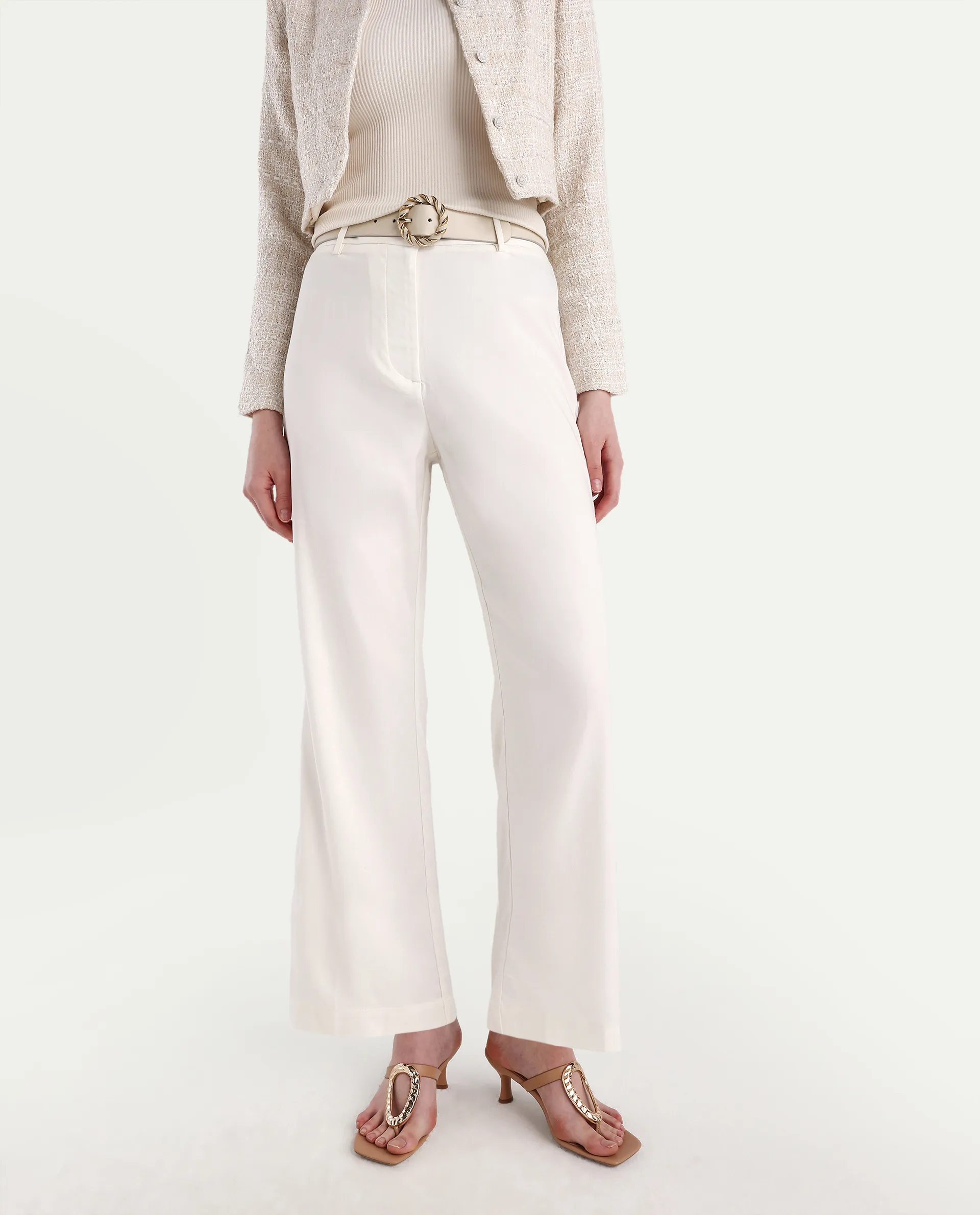 Rareism Women's Selene White Cotton Blend Plain Ankle Length Straight Fit Trouser - Image 3