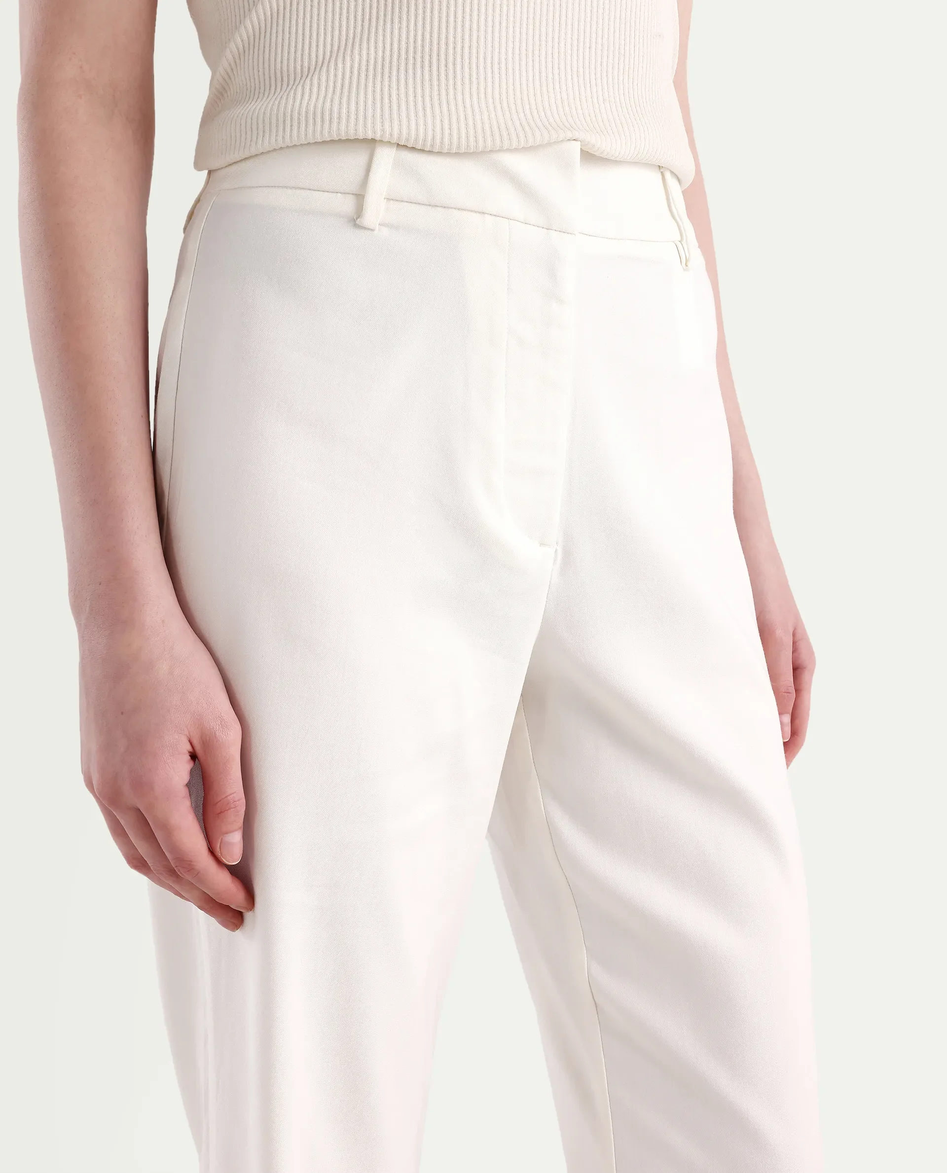 Rareism Women's Selene White Cotton Blend Plain Ankle Length Straight Fit Trouser - Image 4