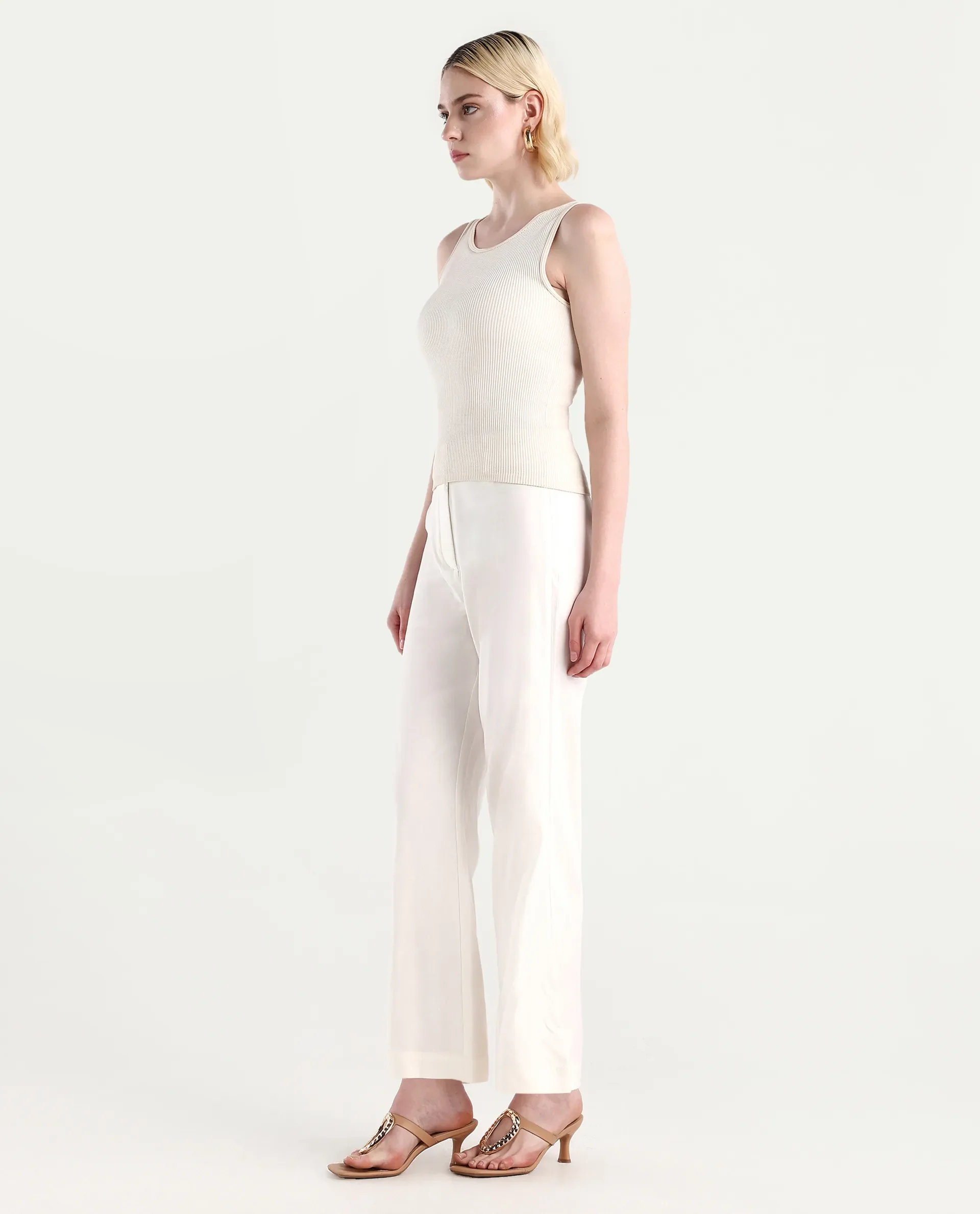 Rareism Women's Selene White Cotton Blend Plain Ankle Length Straight Fit Trouser - Image 5